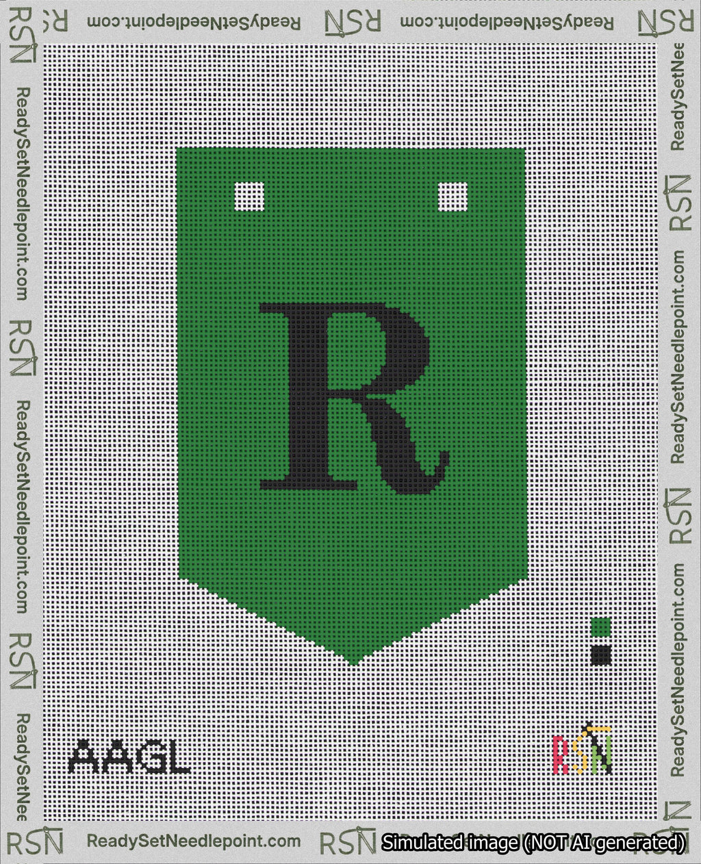 A taped needlepoint canvas with the design: Banner 18 mesh count Pointed R Black on Green.