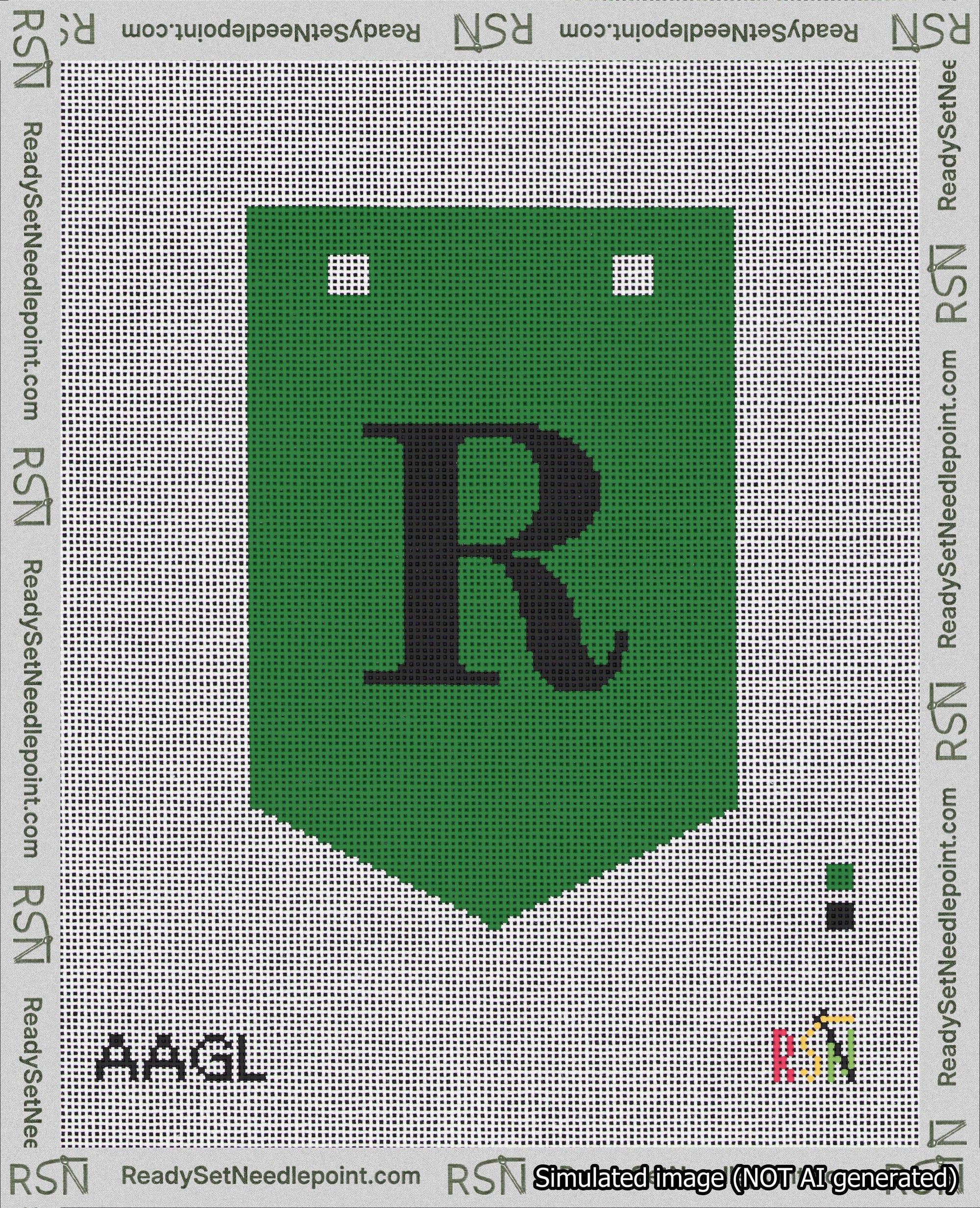 A taped needlepoint canvas with the design: Banner 18 mesh count Pointed R Black on Green.