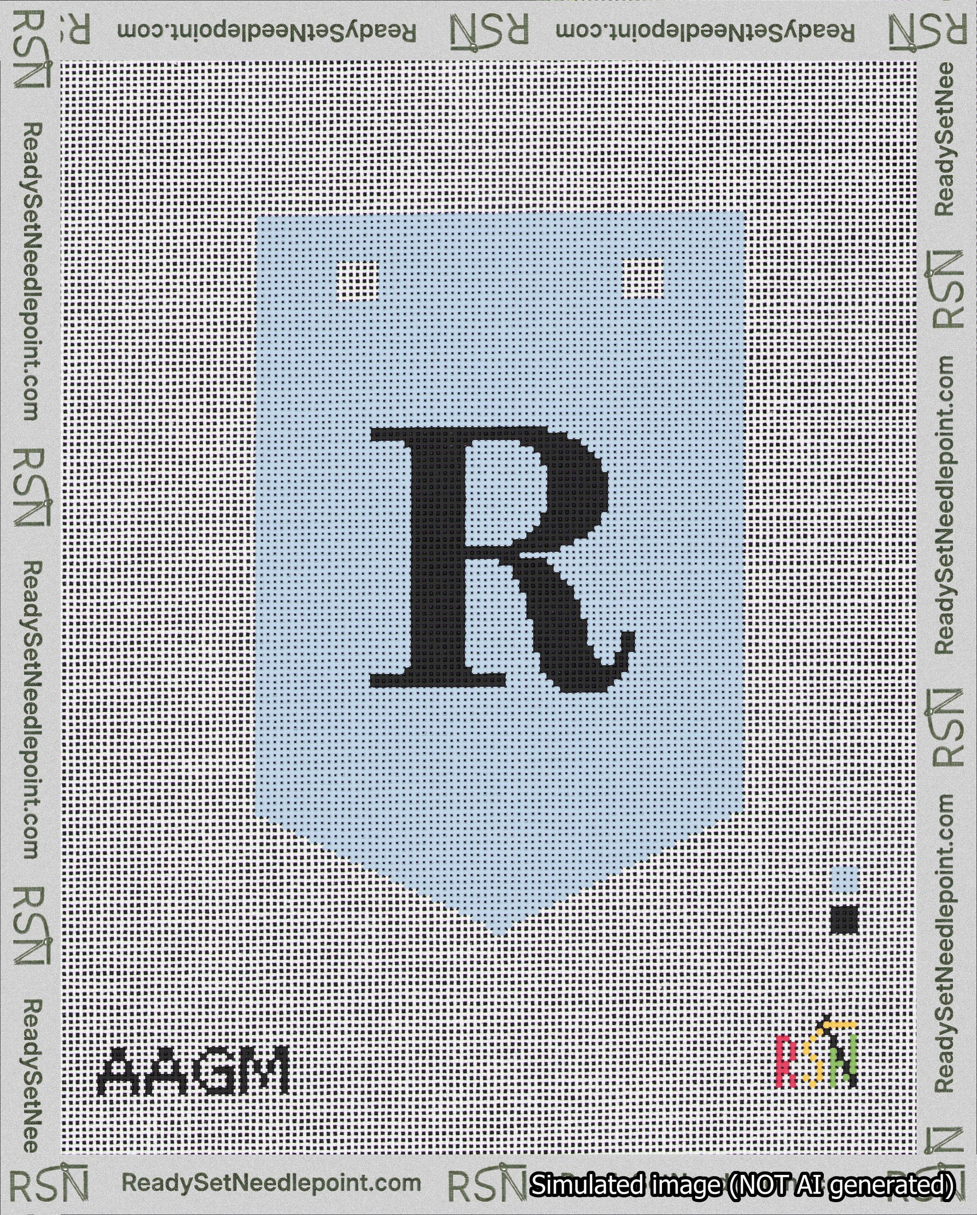 A taped needlepoint canvas with the design: Banner 18 mesh count Pointed R Black on Light Blue.