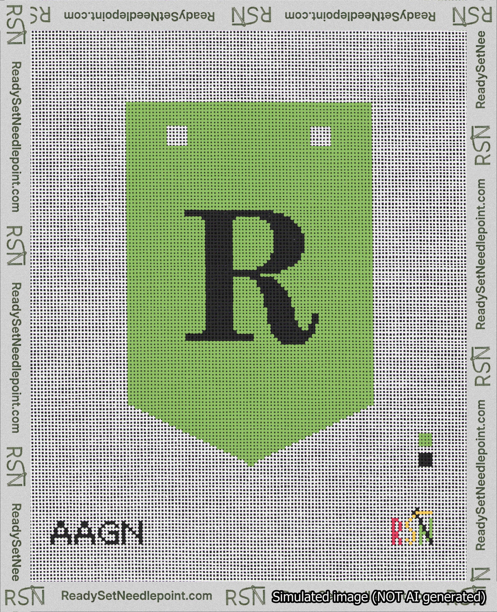 A taped needlepoint canvas with the design: Banner 18 mesh count Pointed R Black on Light Green.