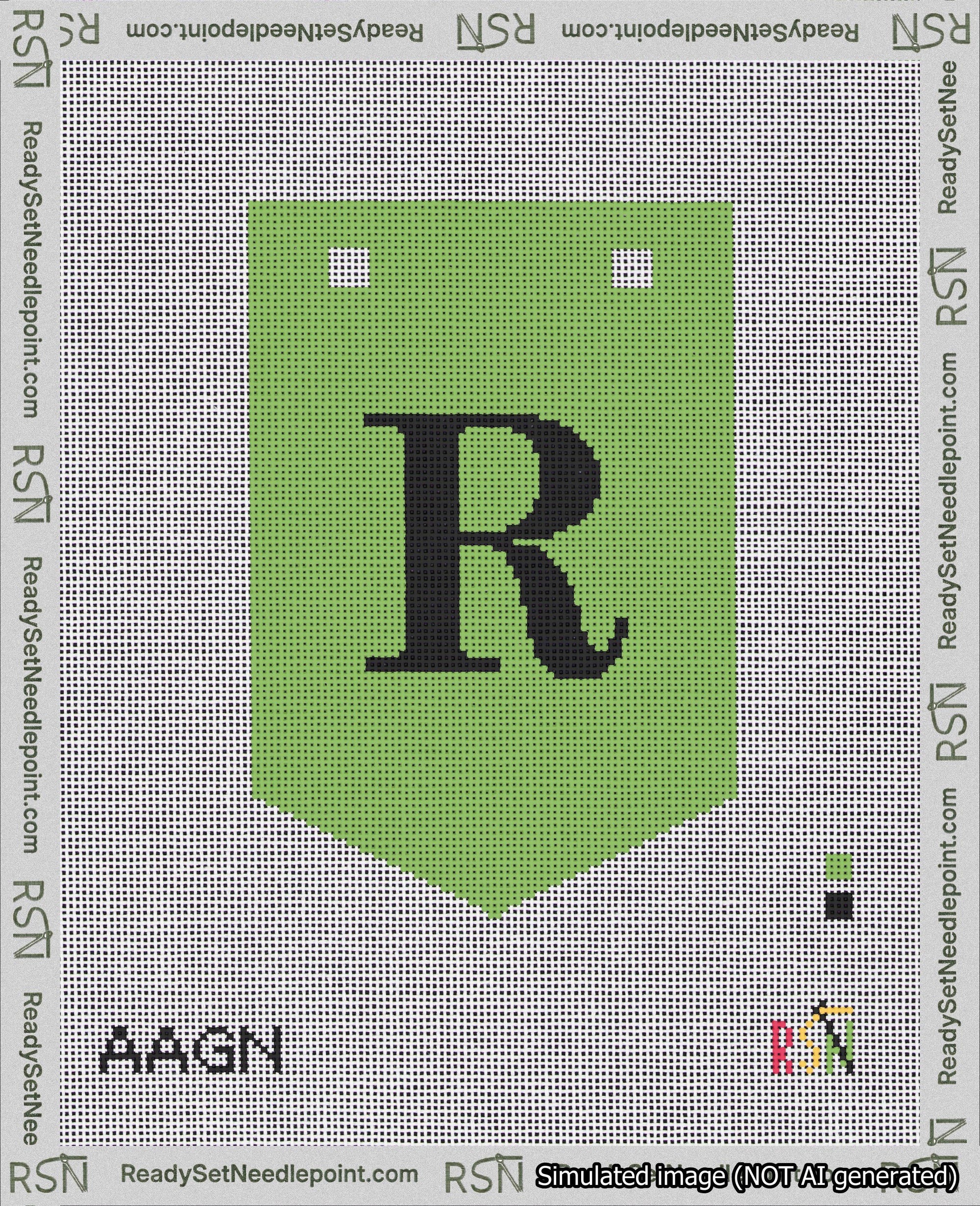 A taped needlepoint canvas with the design: Banner 18 mesh count Pointed R Black on Light Green.