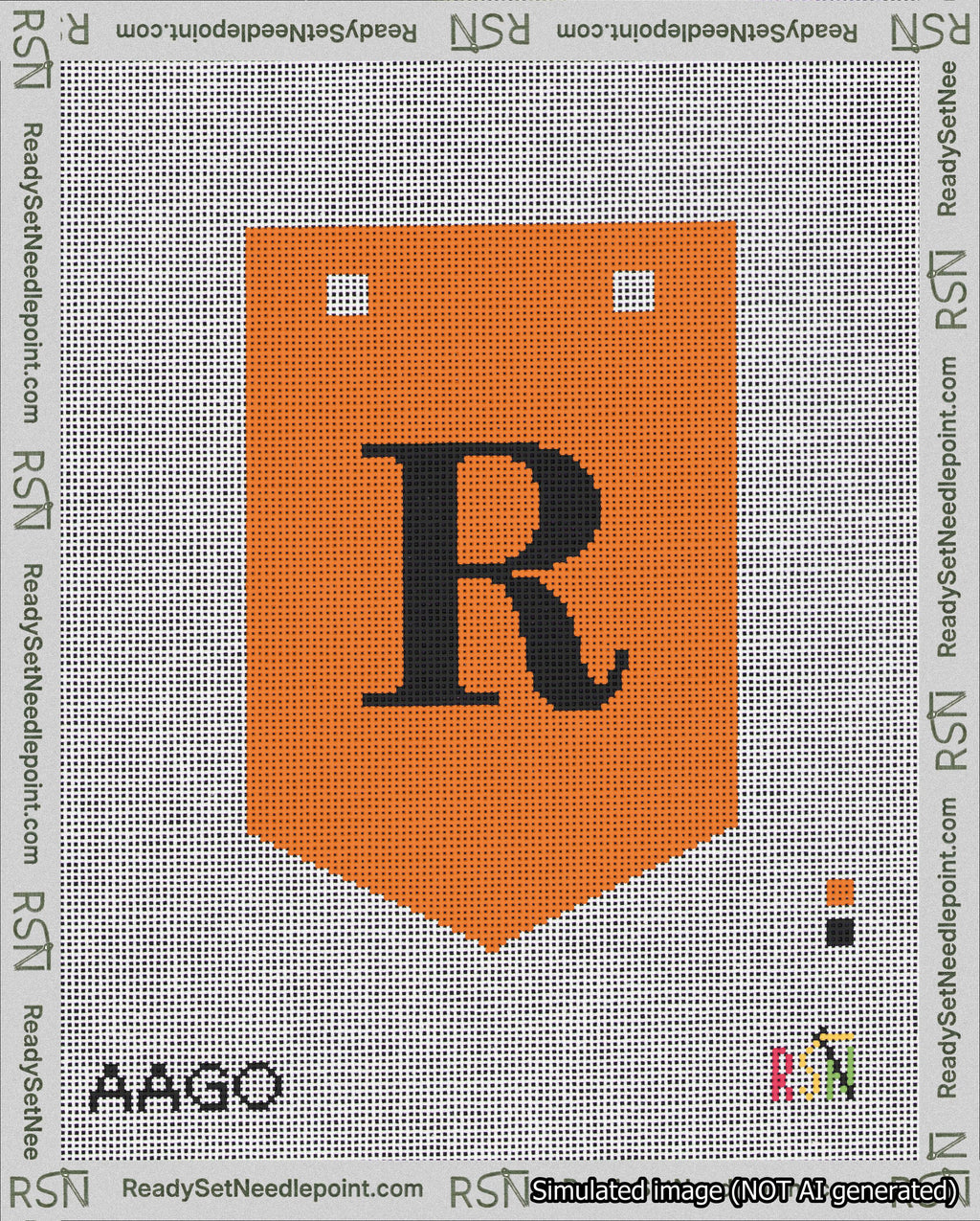 A taped needlepoint canvas with the design: Banner 18 mesh count Pointed R Black on Orange.