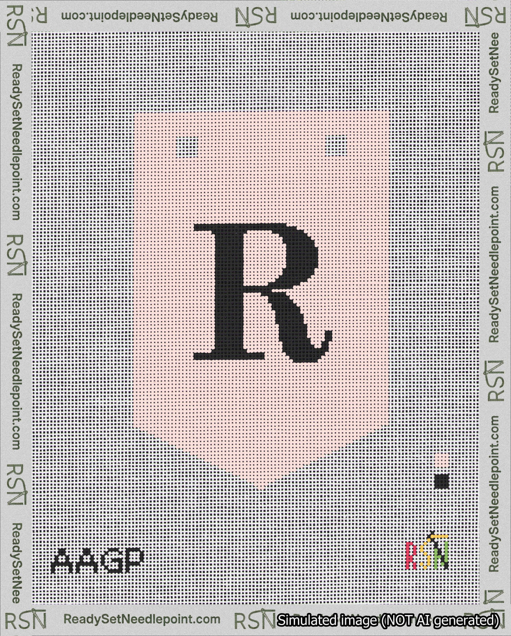 A taped needlepoint canvas with the design: Banner 18 mesh count Pointed R Black on Pink.
