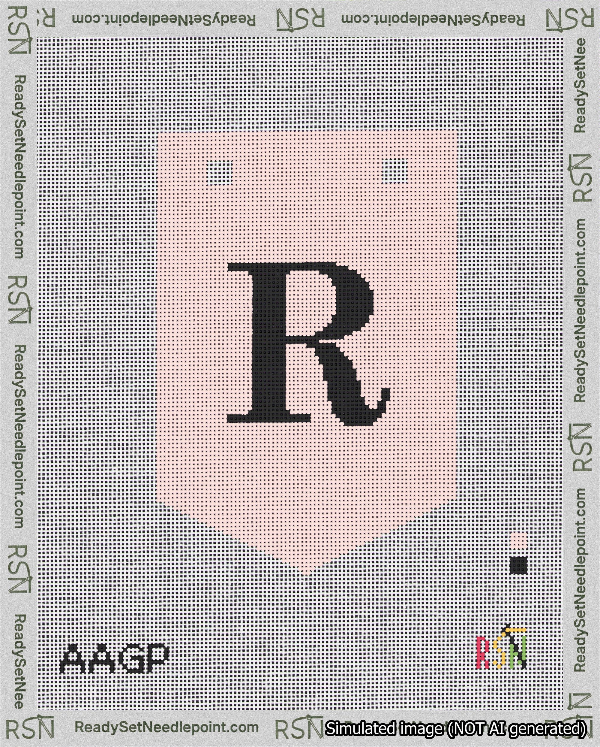A taped needlepoint canvas with the design: Banner 18 mesh count Pointed R Black on Pink.