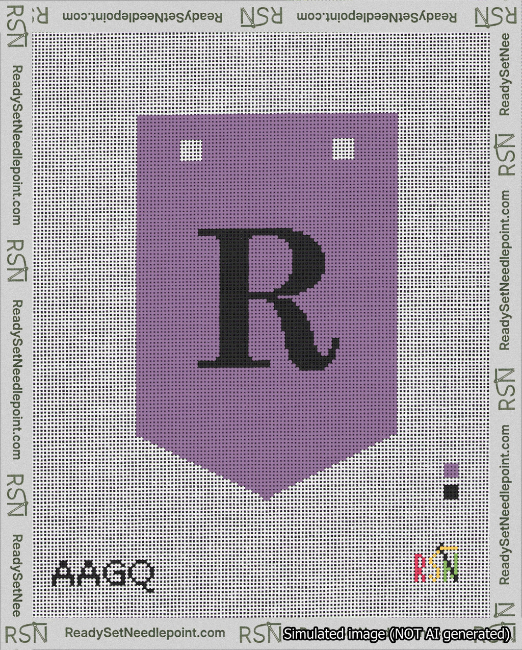 A taped needlepoint canvas with the design: Banner 18 mesh count Pointed R Black on Purple.