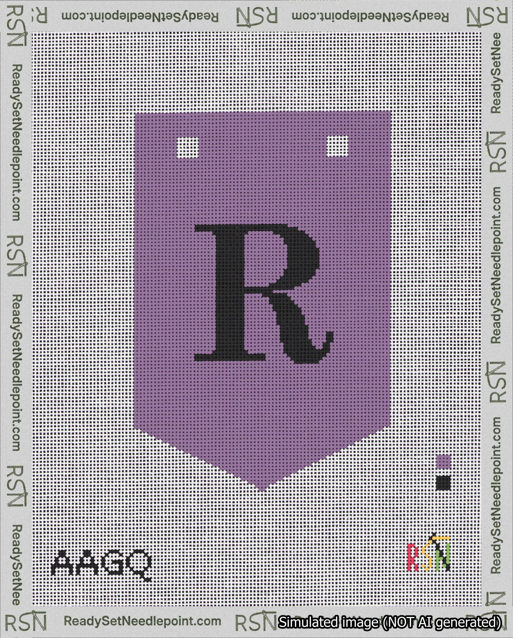 A taped needlepoint canvas with the design: Banner 18 mesh count Pointed R Black on Purple.