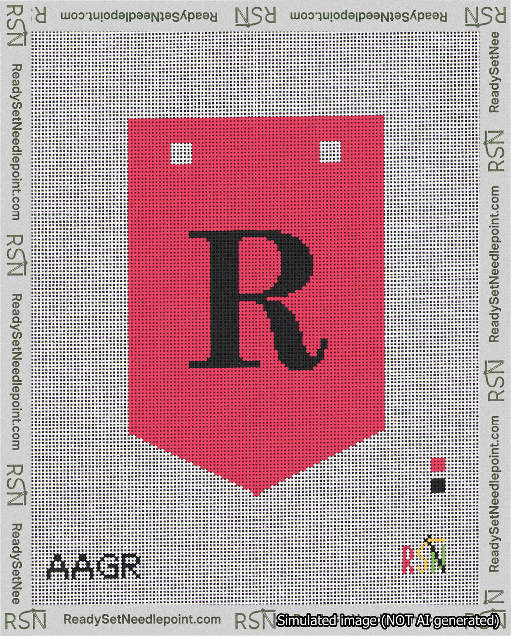 A taped needlepoint canvas with the design: Banner 18 mesh count Pointed R Black on Red.