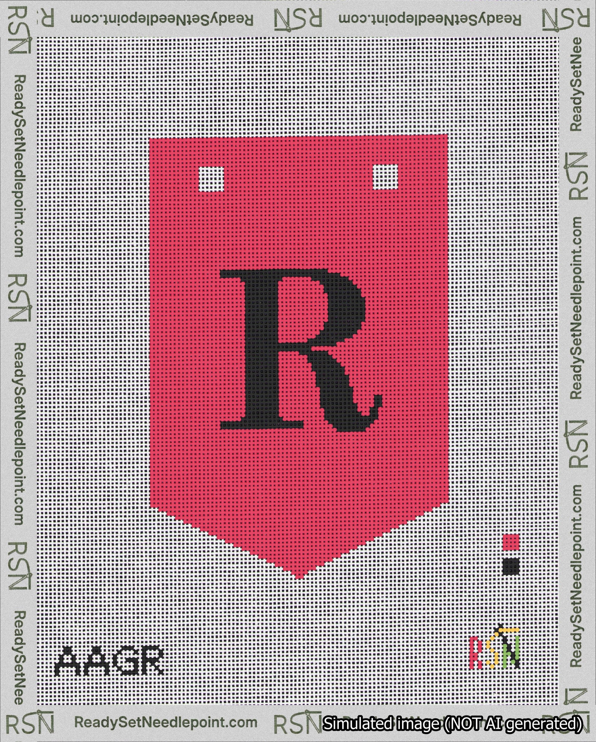 A taped needlepoint canvas with the design: Banner 18 mesh count Pointed R Black on Red.