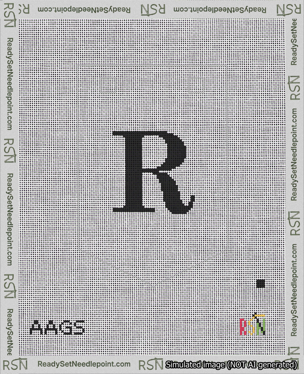 A taped needlepoint canvas with the design: Banner 18 mesh count Pointed R Black on White.