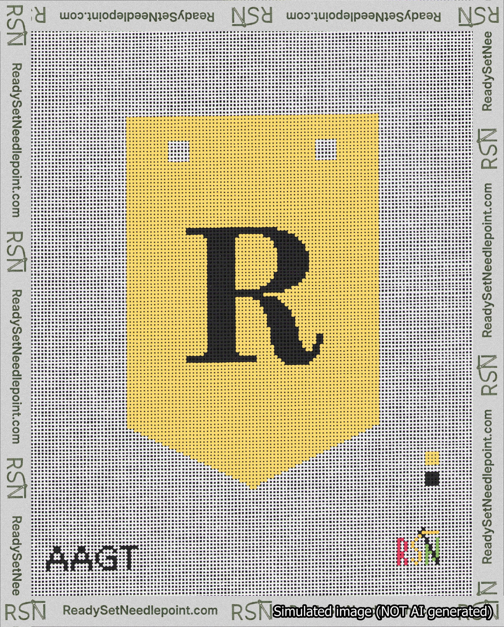 A taped needlepoint canvas with the design: Banner 18 mesh count Pointed R Black on Yellow.