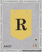 A taped needlepoint canvas with the design: Banner 18 mesh count Pointed R Black on Yellow.