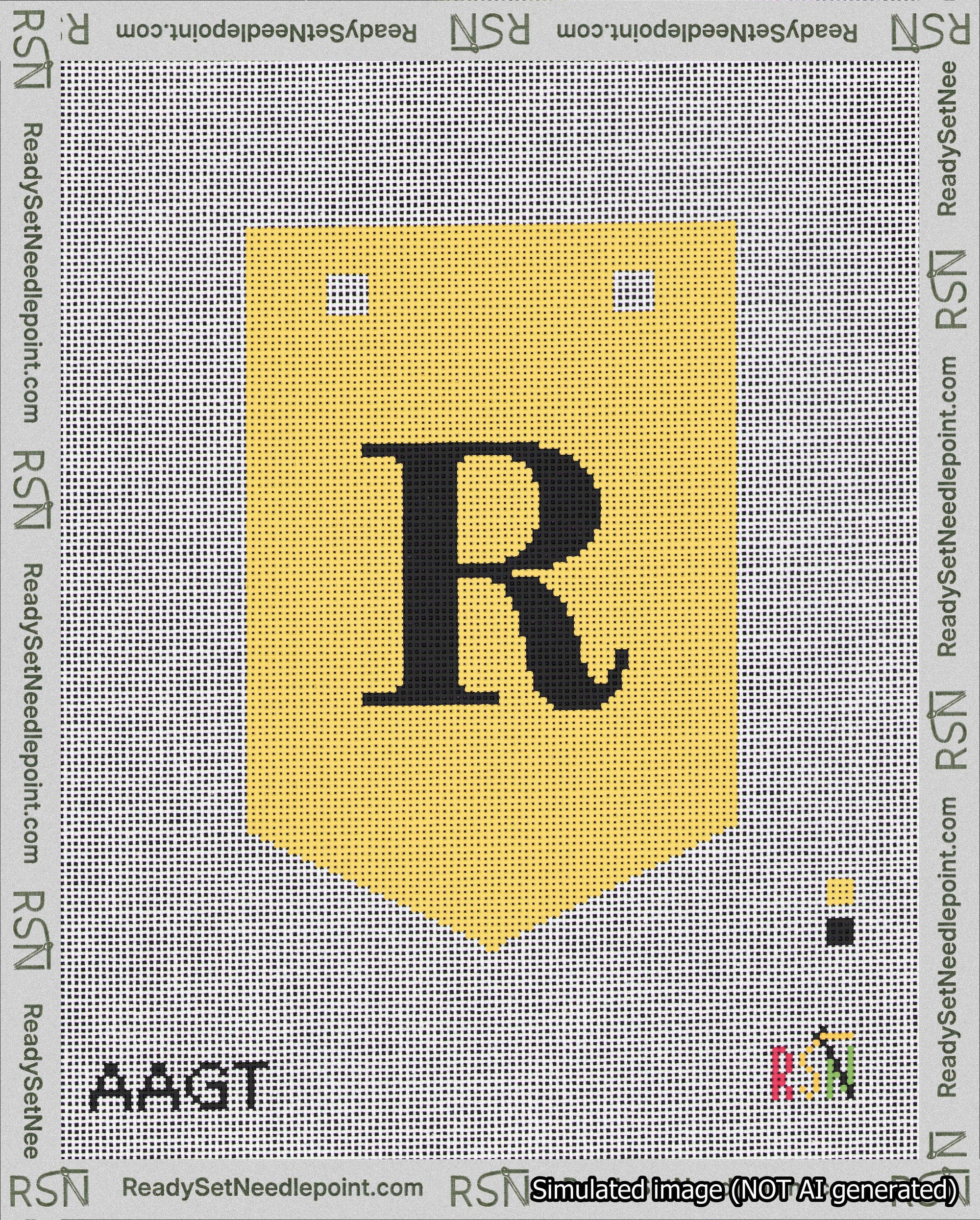 A taped needlepoint canvas with the design: Banner 18 mesh count Pointed R Black on Yellow.