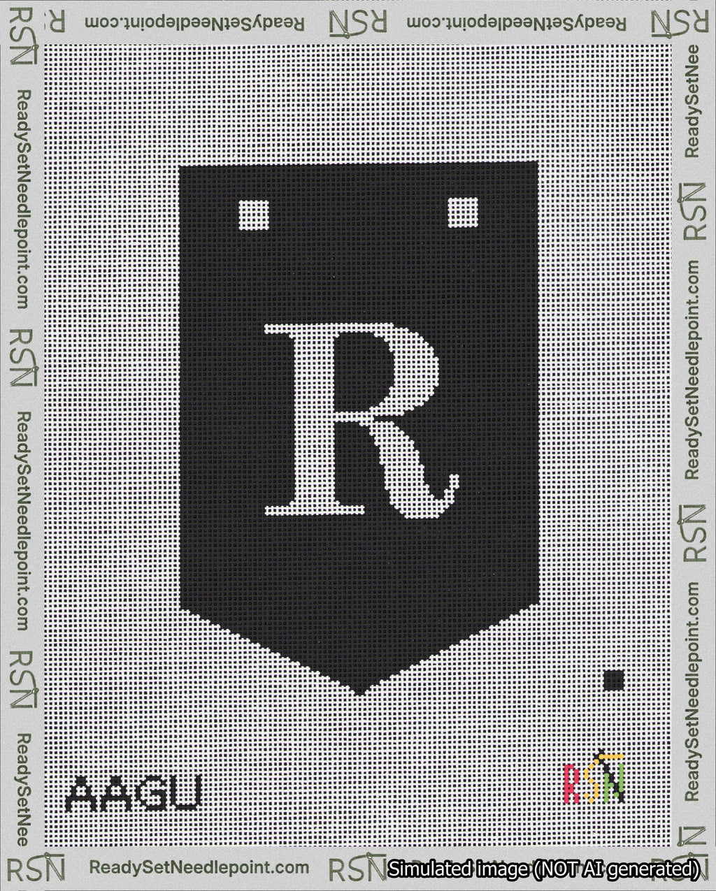 A taped needlepoint canvas with the design: Banner 18 mesh count Pointed R White on Black.