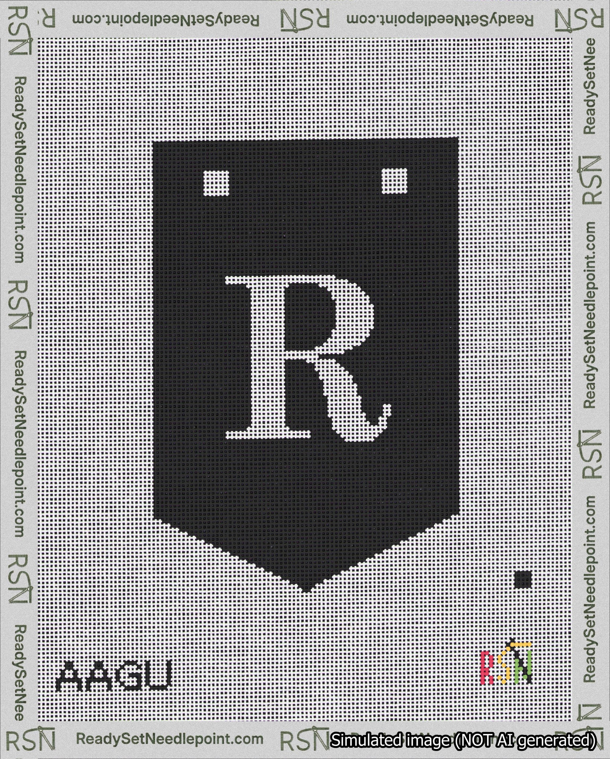 A taped needlepoint canvas with the design: Banner 18 mesh count Pointed R White on Black.