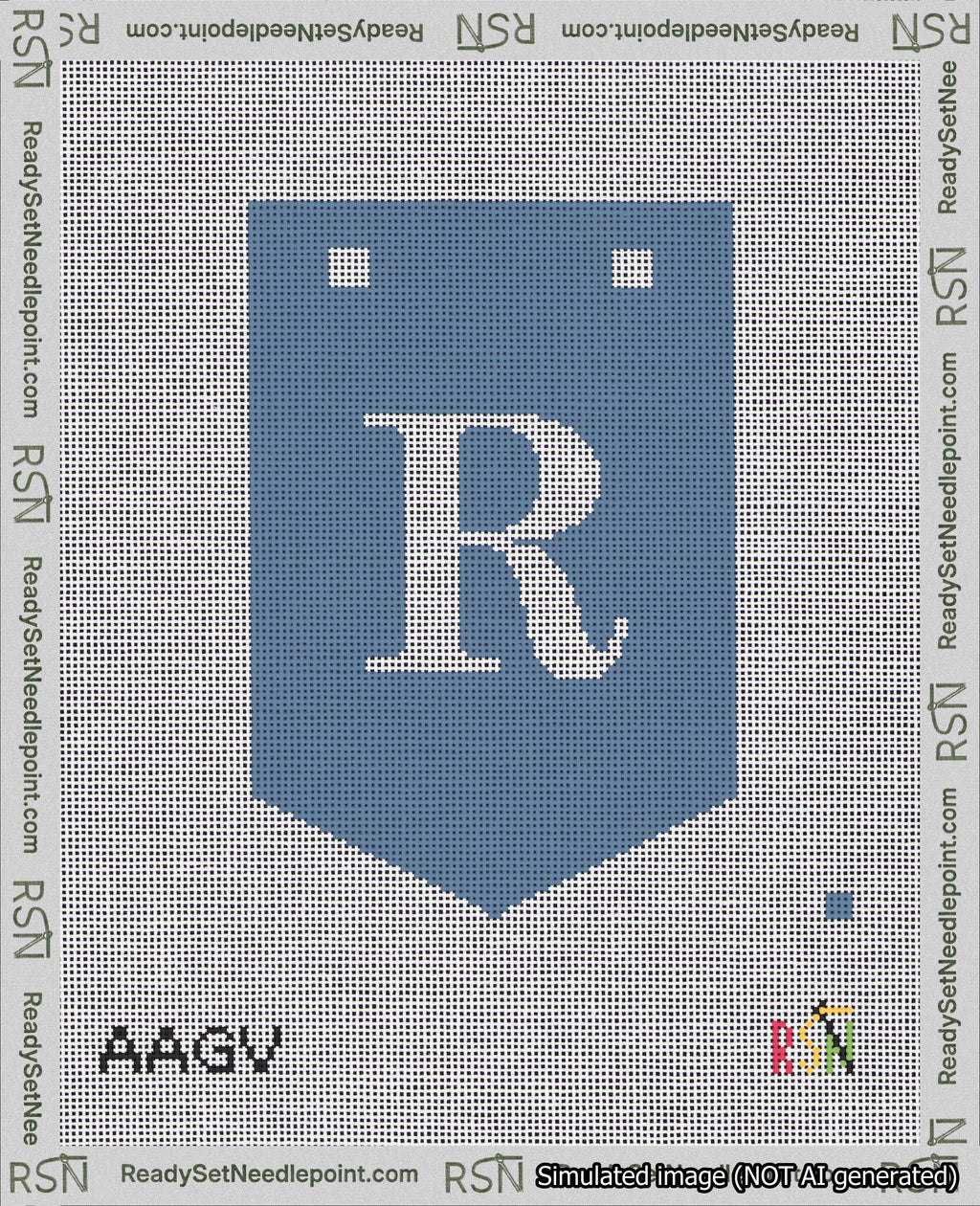 A taped needlepoint canvas with the design: Banner 18 mesh count Pointed R White on Blue.
