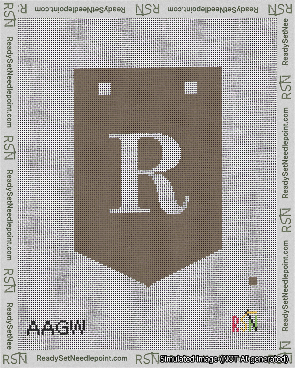 A taped needlepoint canvas with the design: Banner 18 mesh count Pointed R White on Brown.