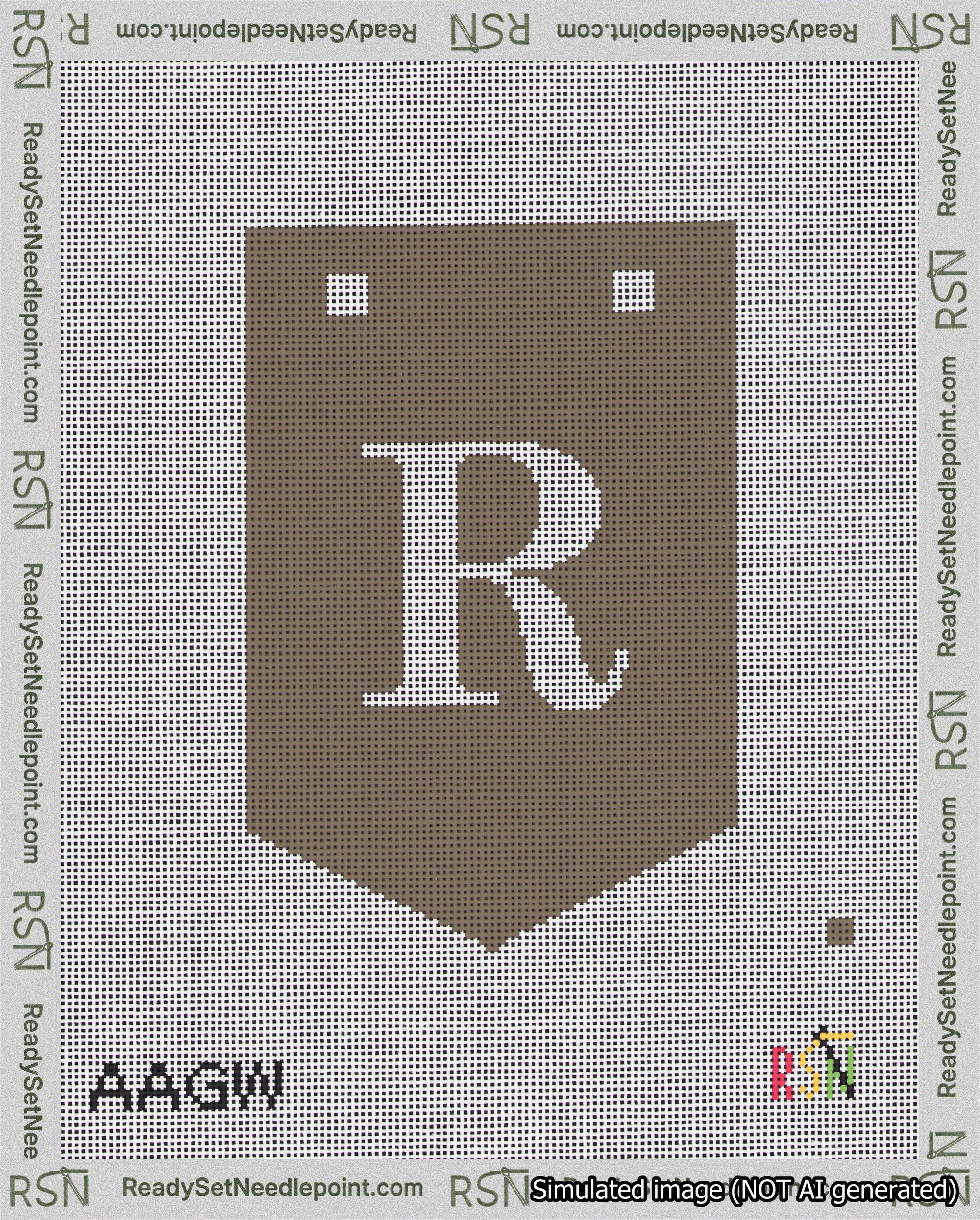 A taped needlepoint canvas with the design: Banner 18 mesh count Pointed R White on Brown.