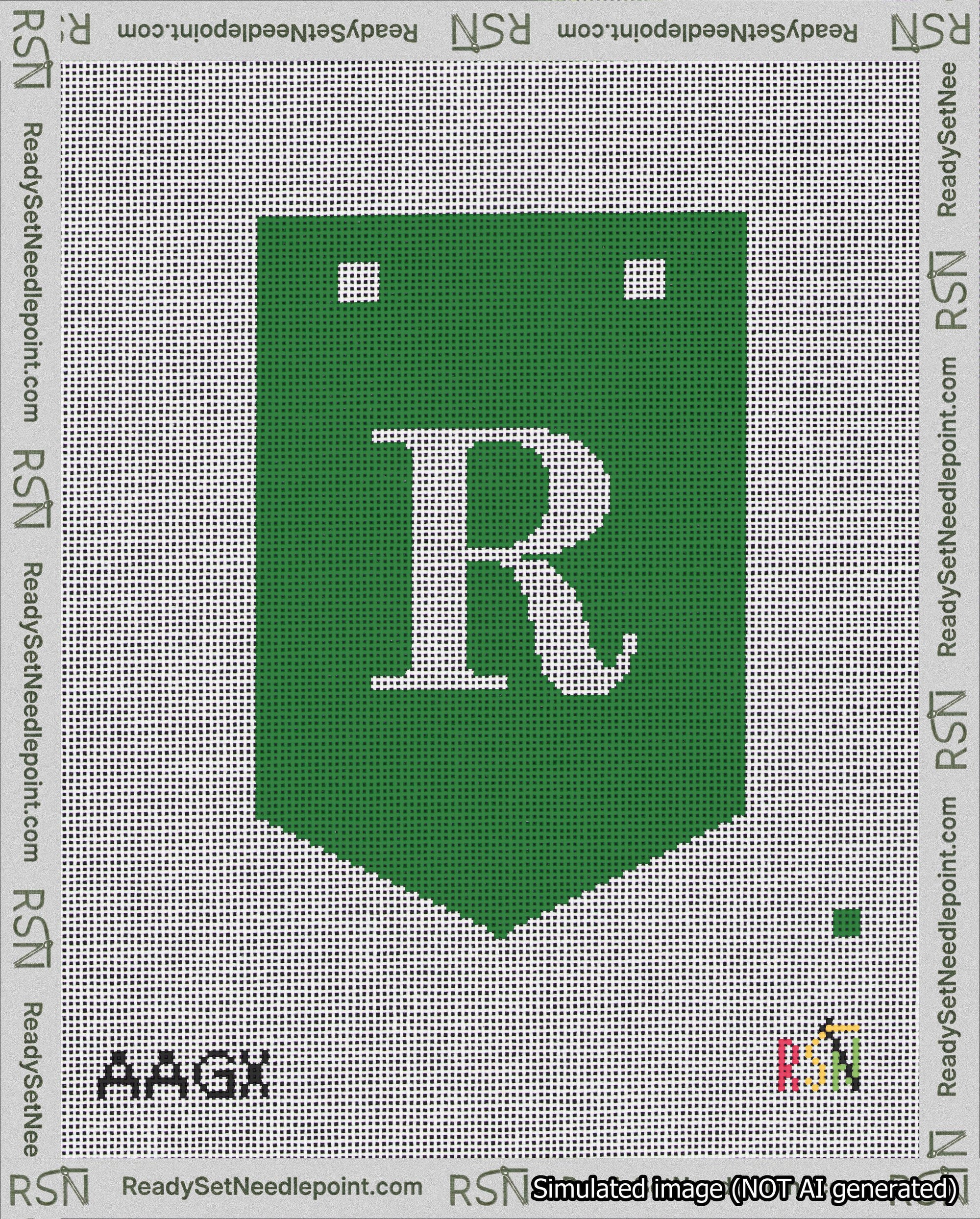 A taped needlepoint canvas with the design: Banner 18 mesh count Pointed R White on Green.
