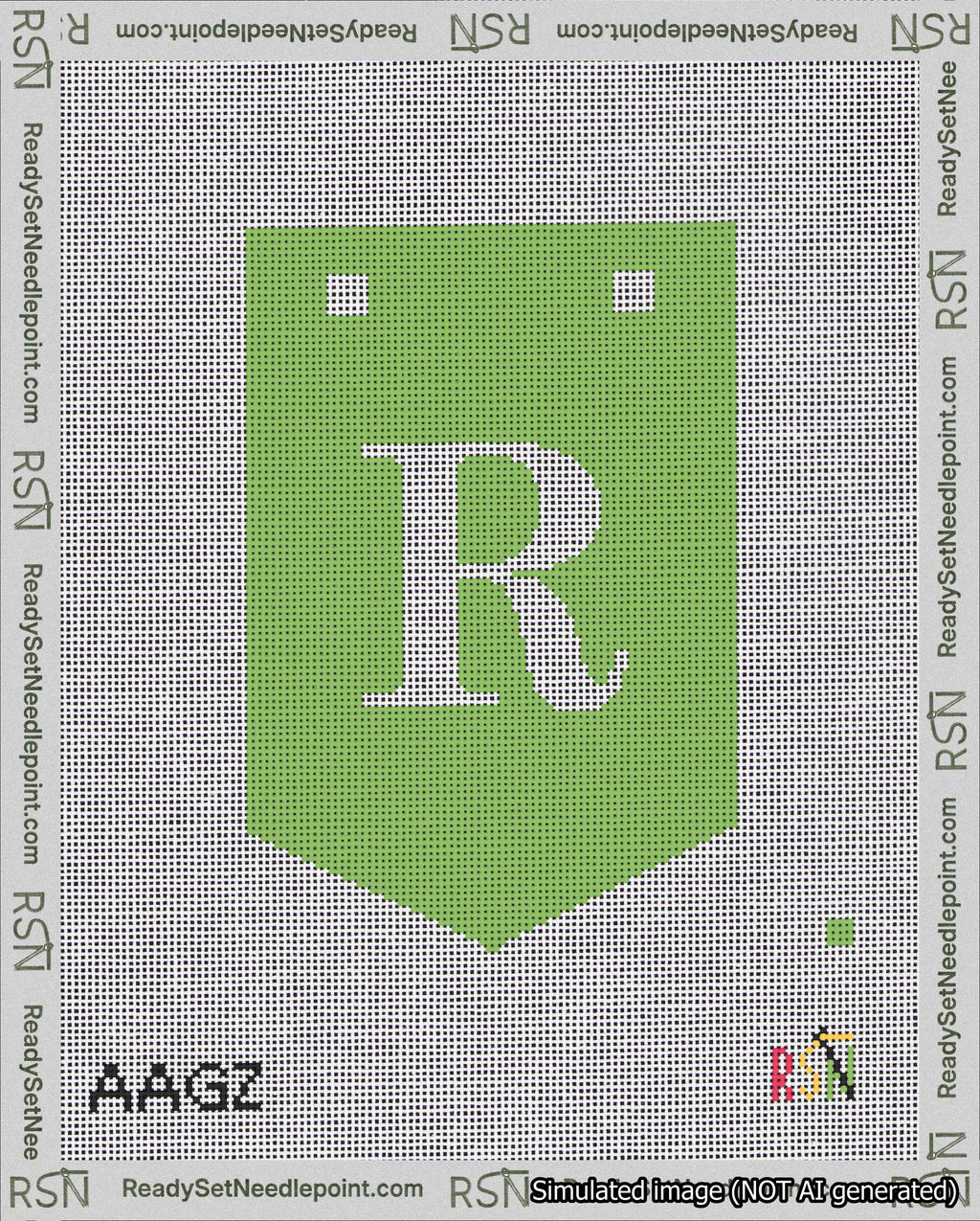 A taped needlepoint canvas with the design: Banner 18 mesh count Pointed R White on Light Green.