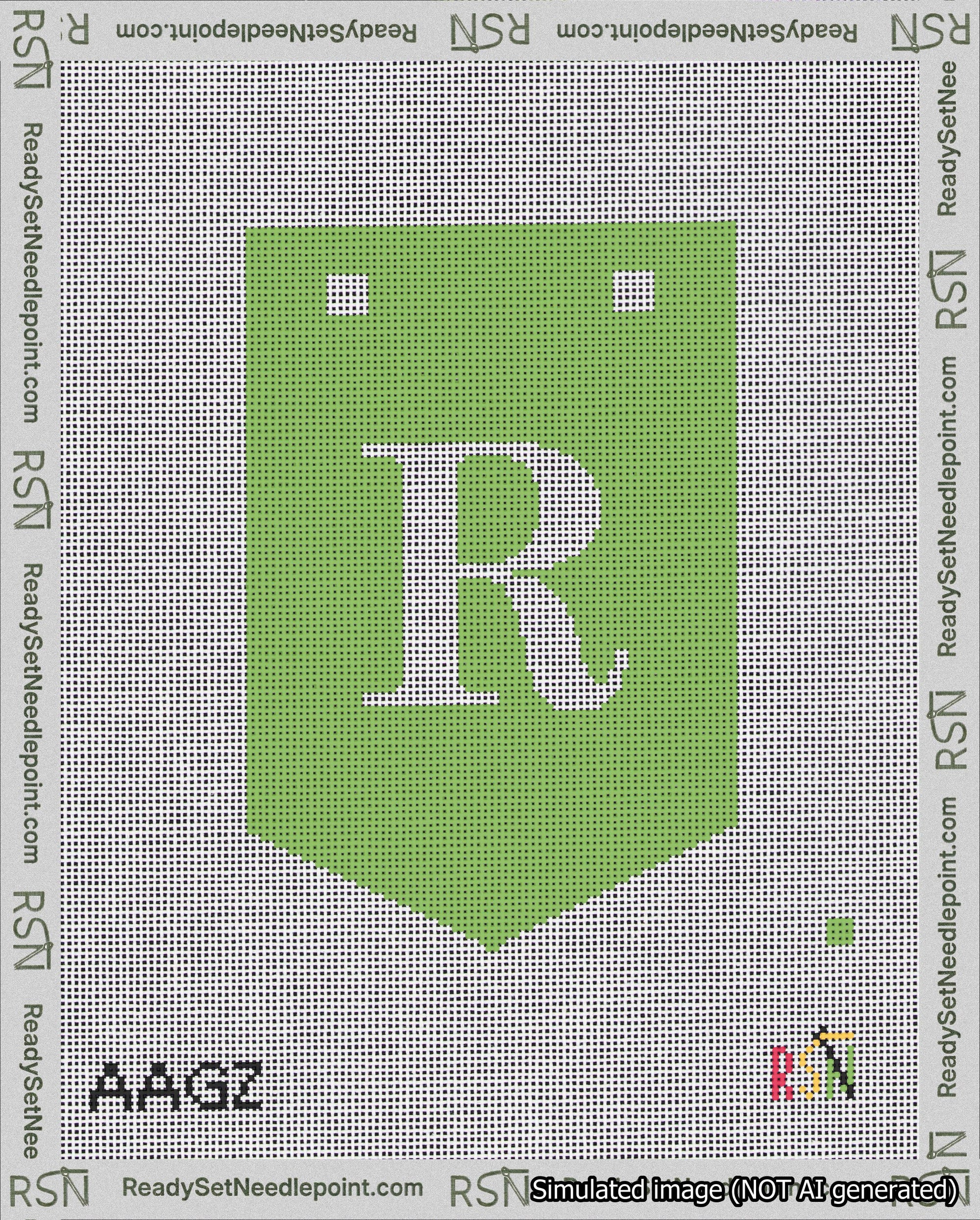 A taped needlepoint canvas with the design: Banner 18 mesh count Pointed R White on Light Green.