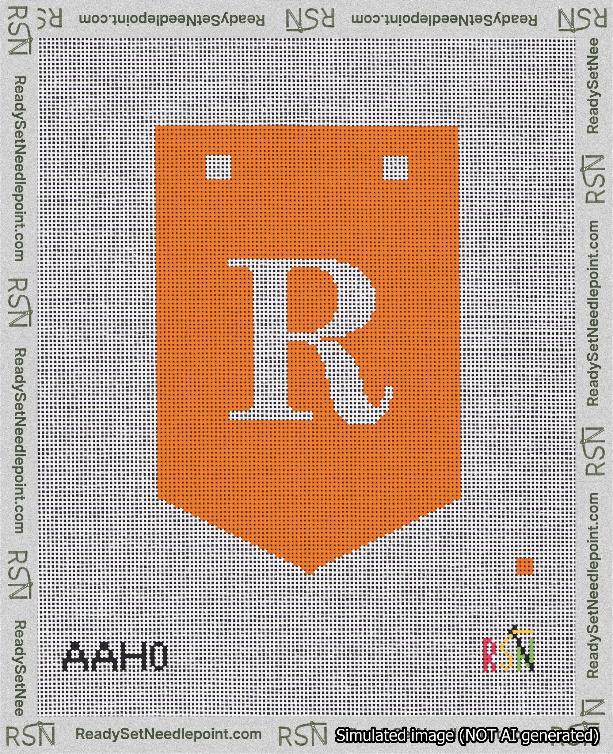 A taped needlepoint canvas with the design: Banner 18 mesh count Pointed R White on Orange.