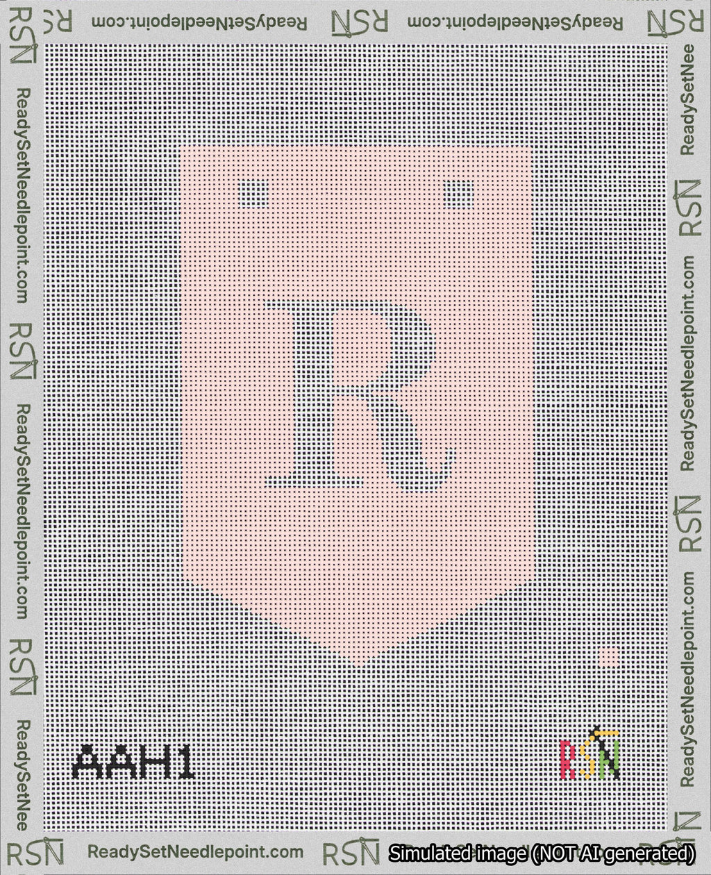 A taped needlepoint canvas with the design: Banner 18 mesh count Pointed R White on Pink.