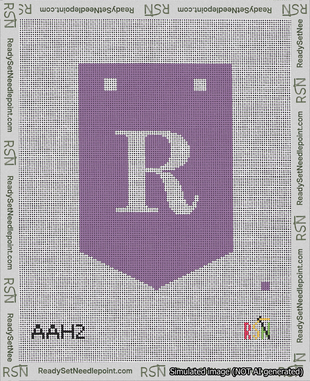 A taped needlepoint canvas with the design: Banner 18 mesh count Pointed R White on Purple.