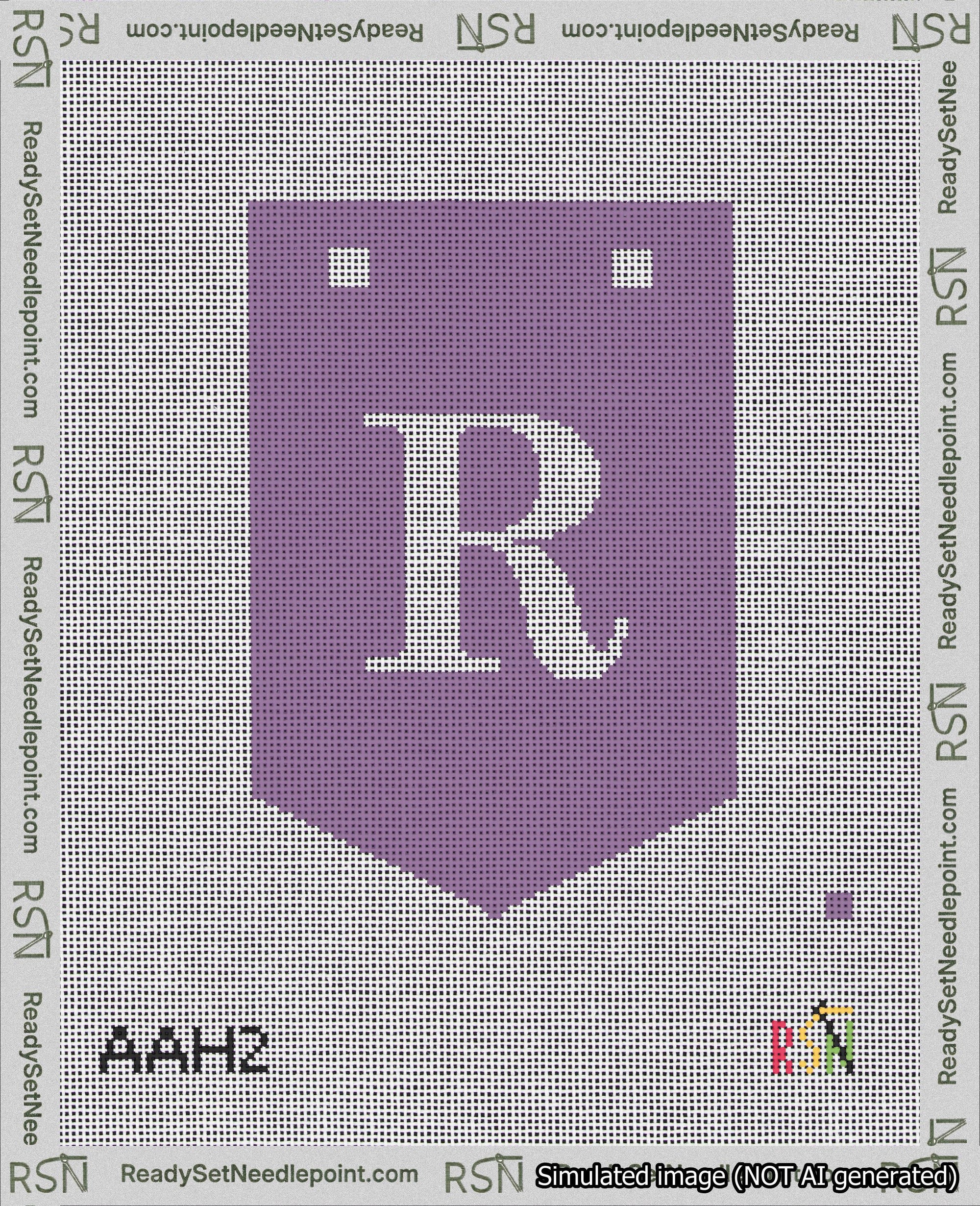 A taped needlepoint canvas with the design: Banner 18 mesh count Pointed R White on Purple.