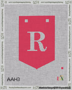 A taped needlepoint canvas with the design: Banner 18 mesh count Pointed R White on Red.