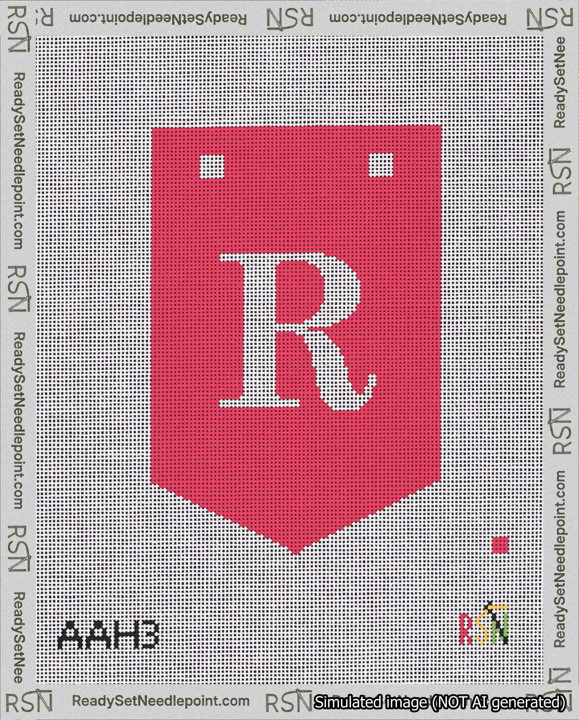 A taped needlepoint canvas with the design: Banner 18 mesh count Pointed R White on Red.