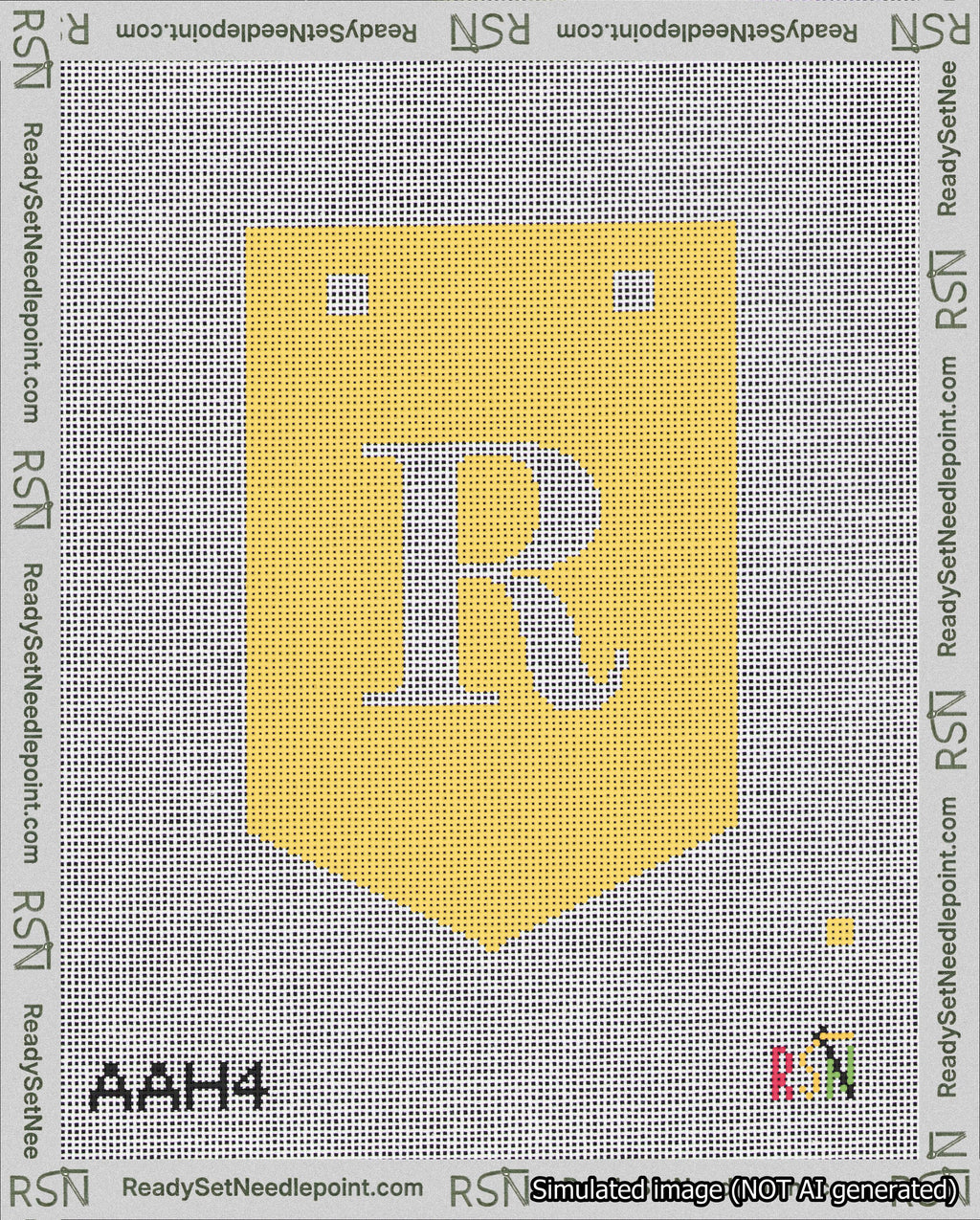 A taped needlepoint canvas with the design: Banner 18 mesh count Pointed R White on Yellow.