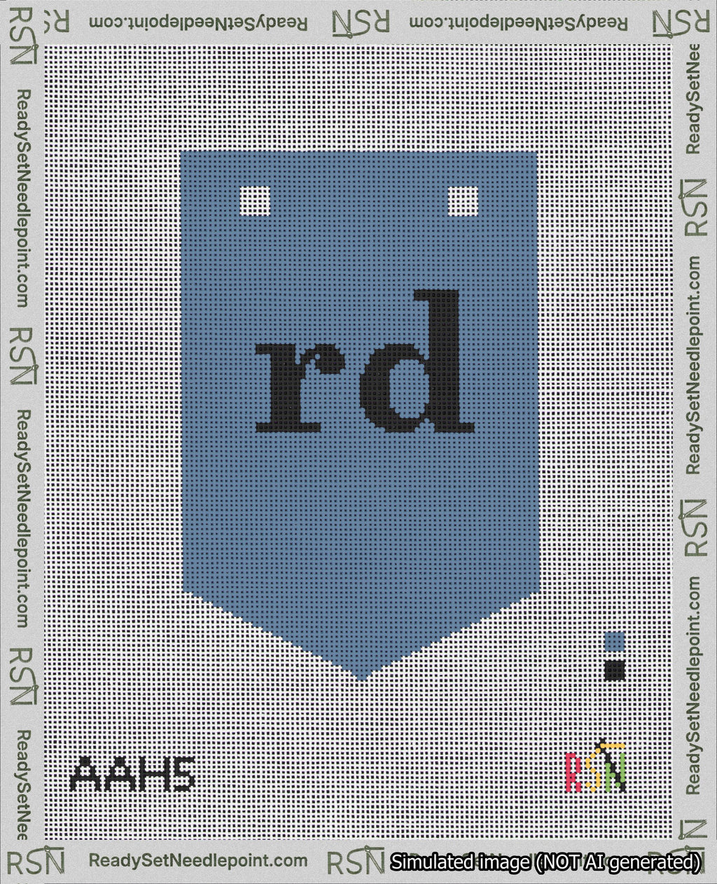 A taped needlepoint canvas with the design: Banner 18 mesh count Pointed rd Black on Blue.