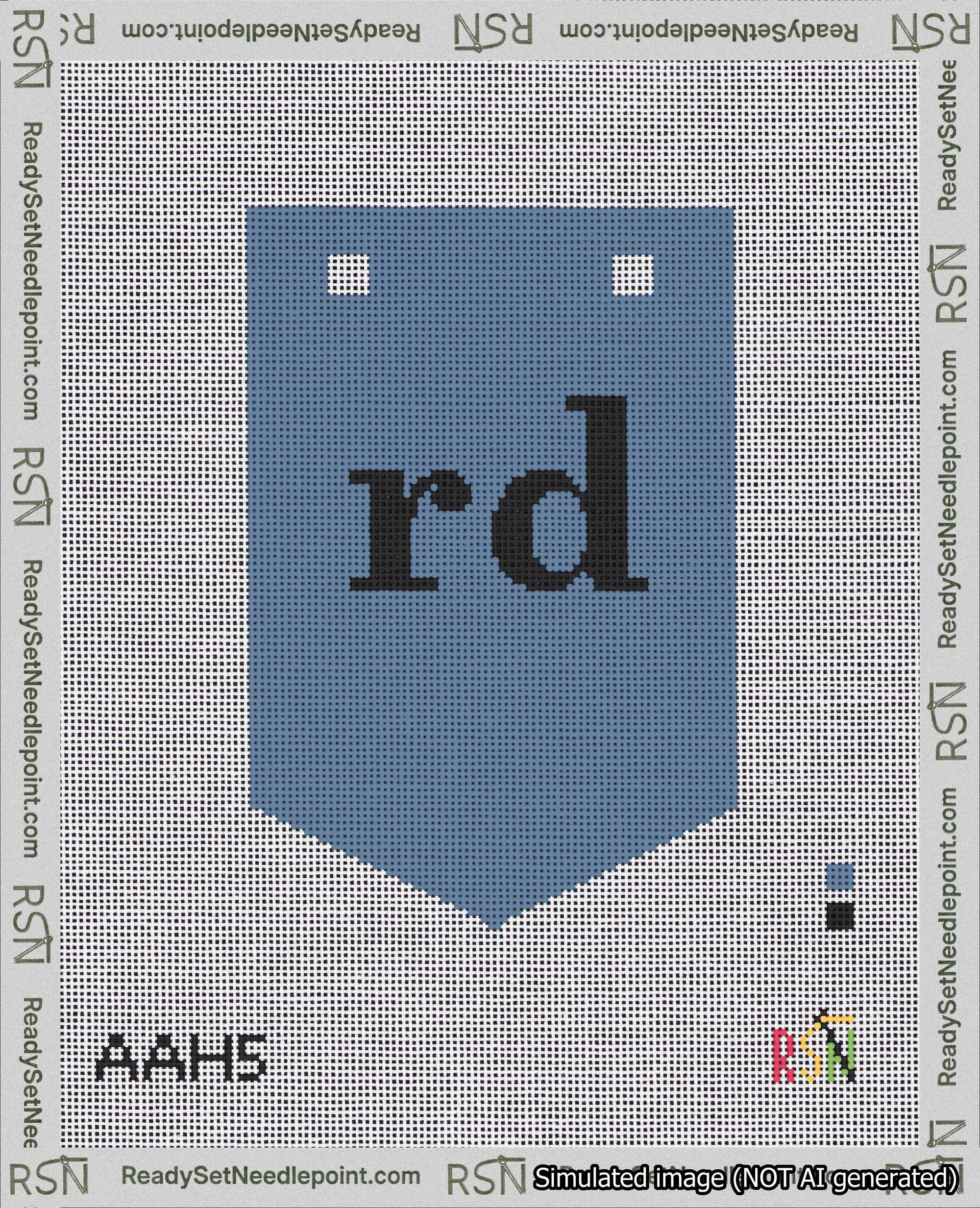 A taped needlepoint canvas with the design: Banner 18 mesh count Pointed rd Black on Blue.