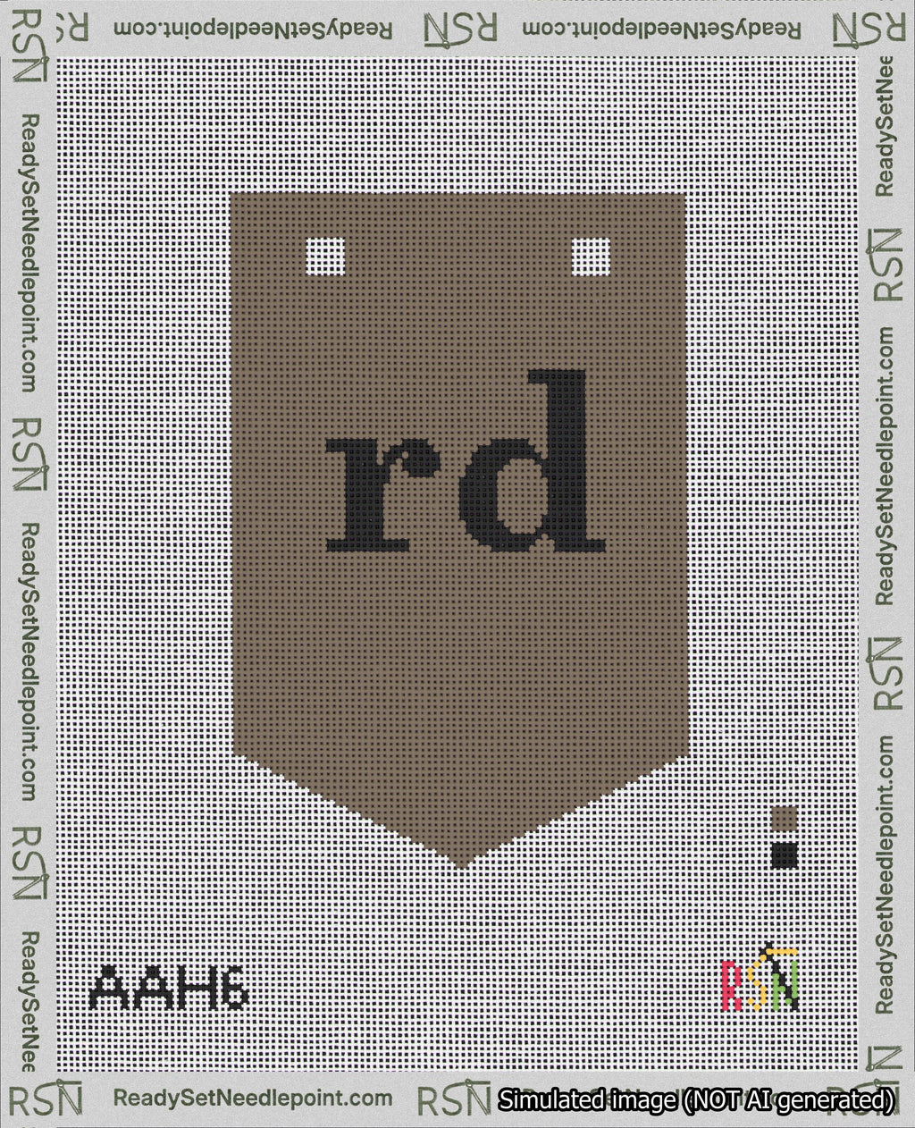 A taped needlepoint canvas with the design: Banner 18 mesh count Pointed rd Black on Brown.