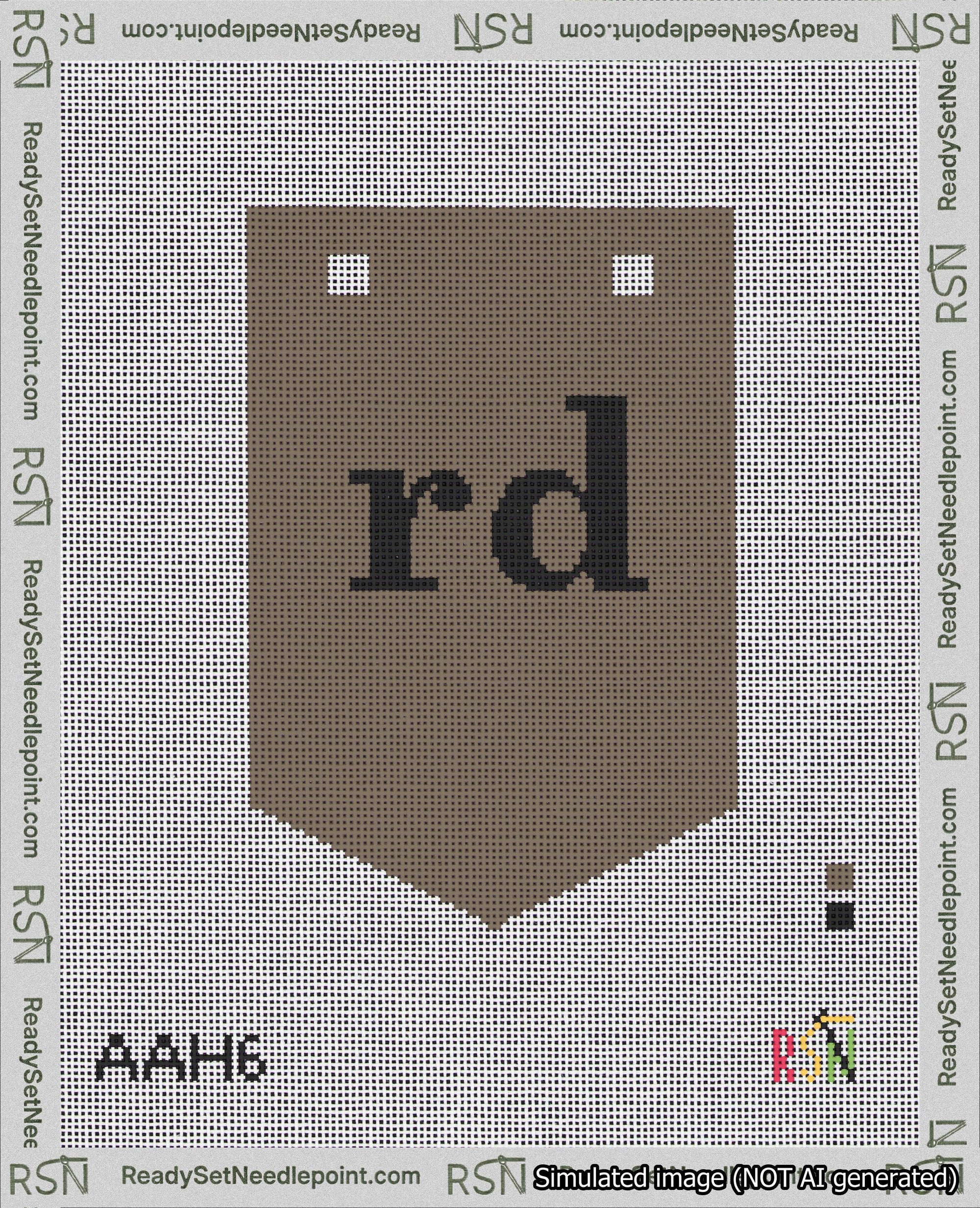 A taped needlepoint canvas with the design: Banner 18 mesh count Pointed rd Black on Brown.