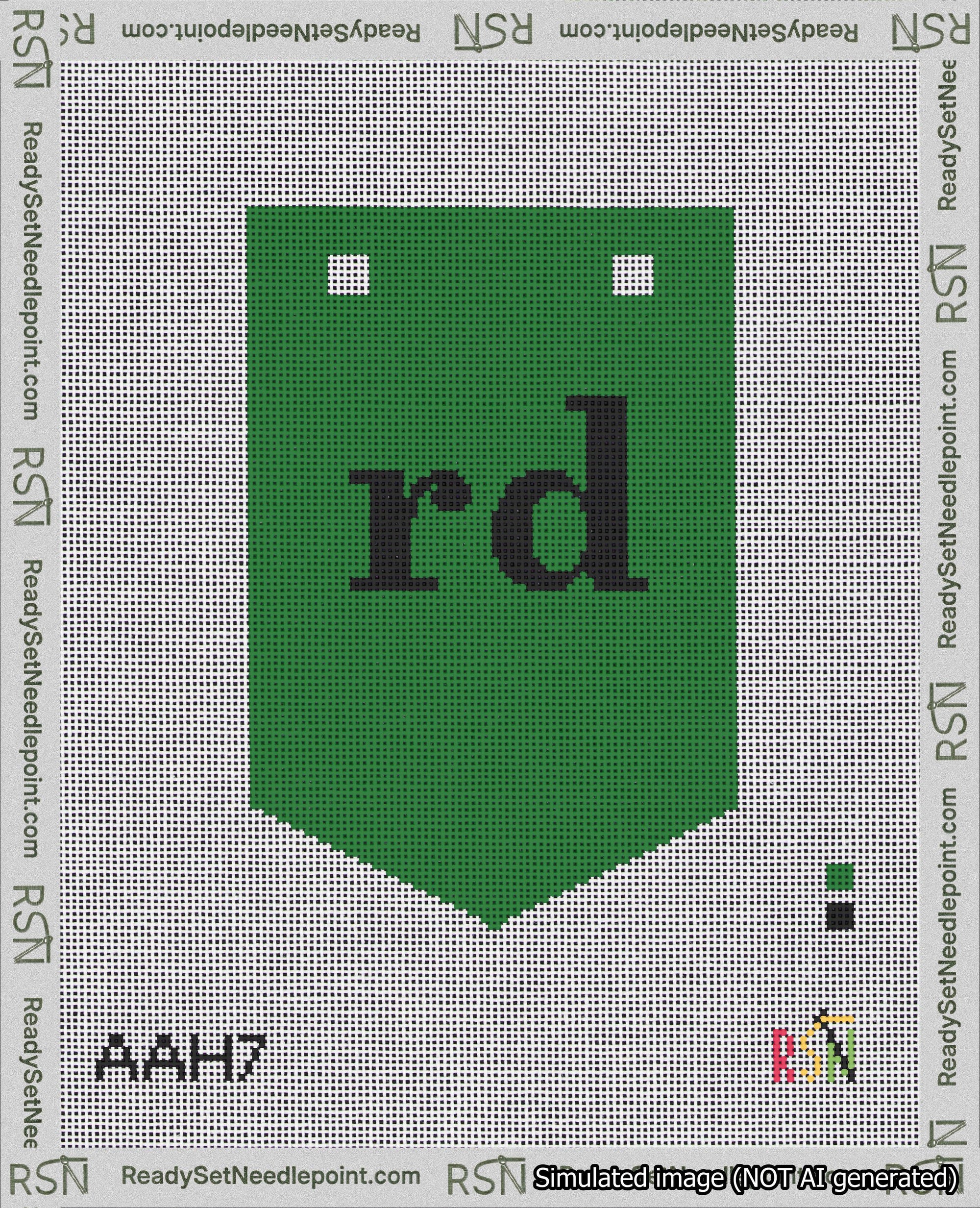 A taped needlepoint canvas with the design: Banner 18 mesh count Pointed rd Black on Green.