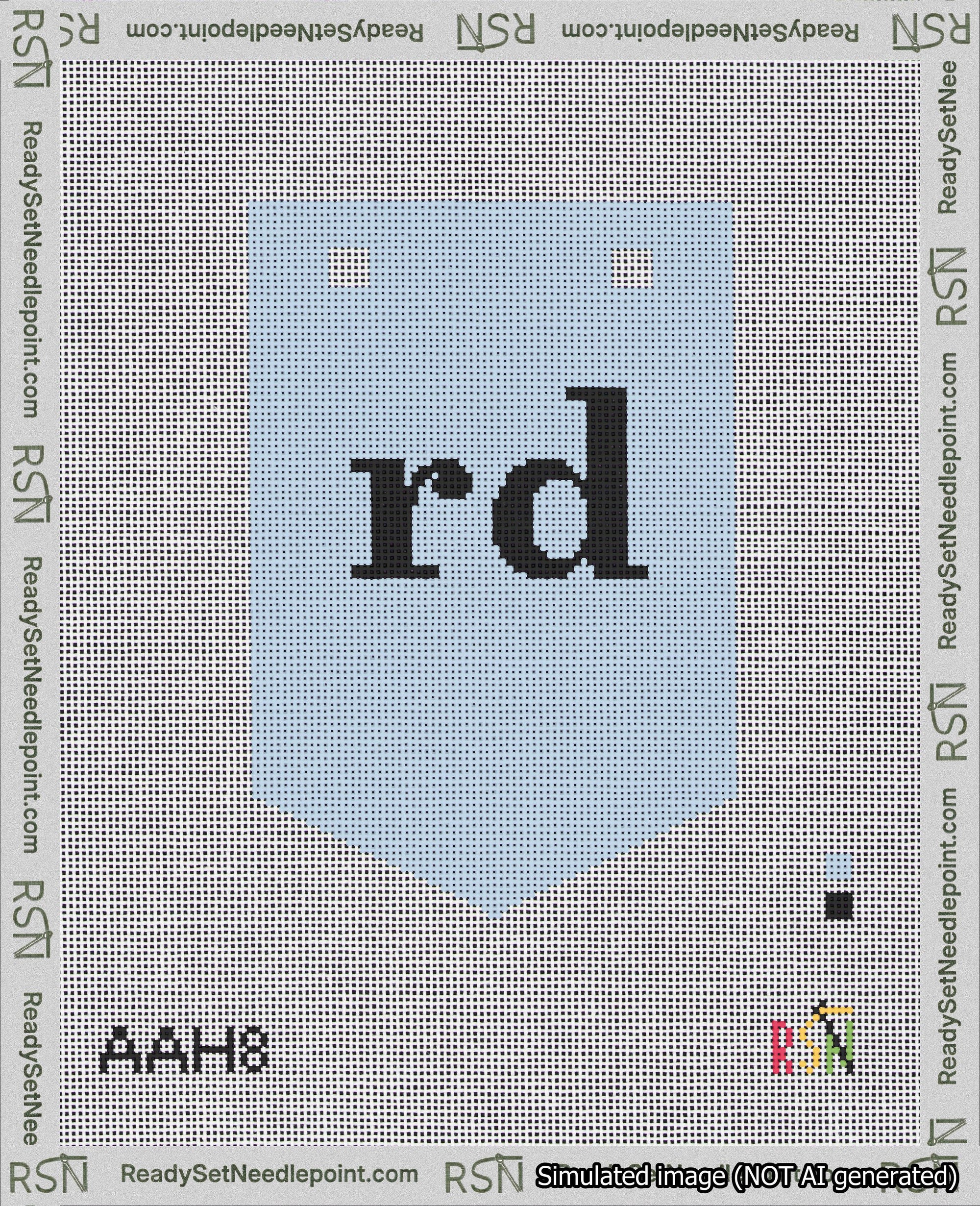 A taped needlepoint canvas with the design: Banner 18 mesh count Pointed rd Black on Light Blue.