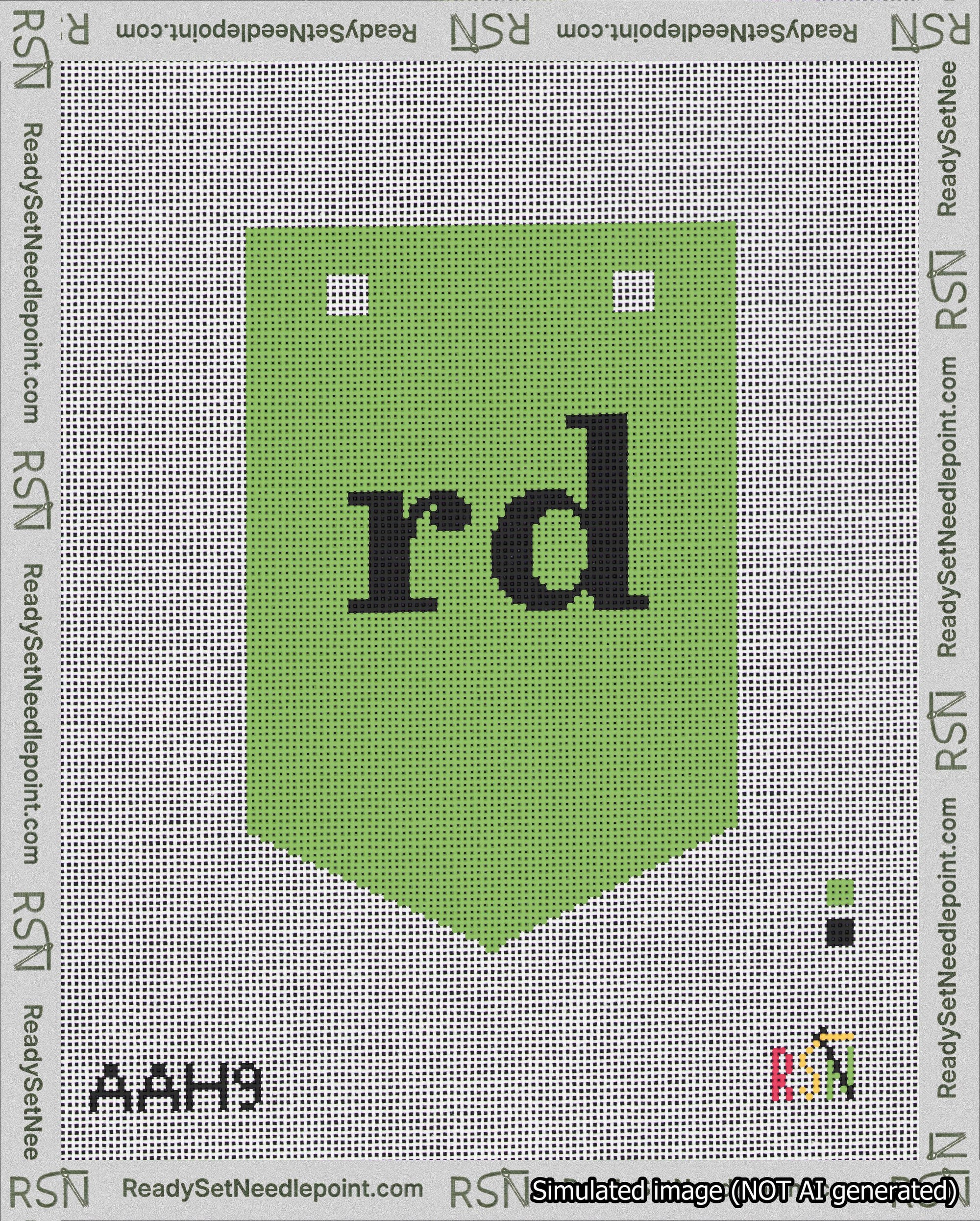 A taped needlepoint canvas with the design: Banner 18 mesh count Pointed rd Black on Light Green.