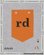 A taped needlepoint canvas with the design: Banner 18 mesh count Pointed rd Black on Orange.