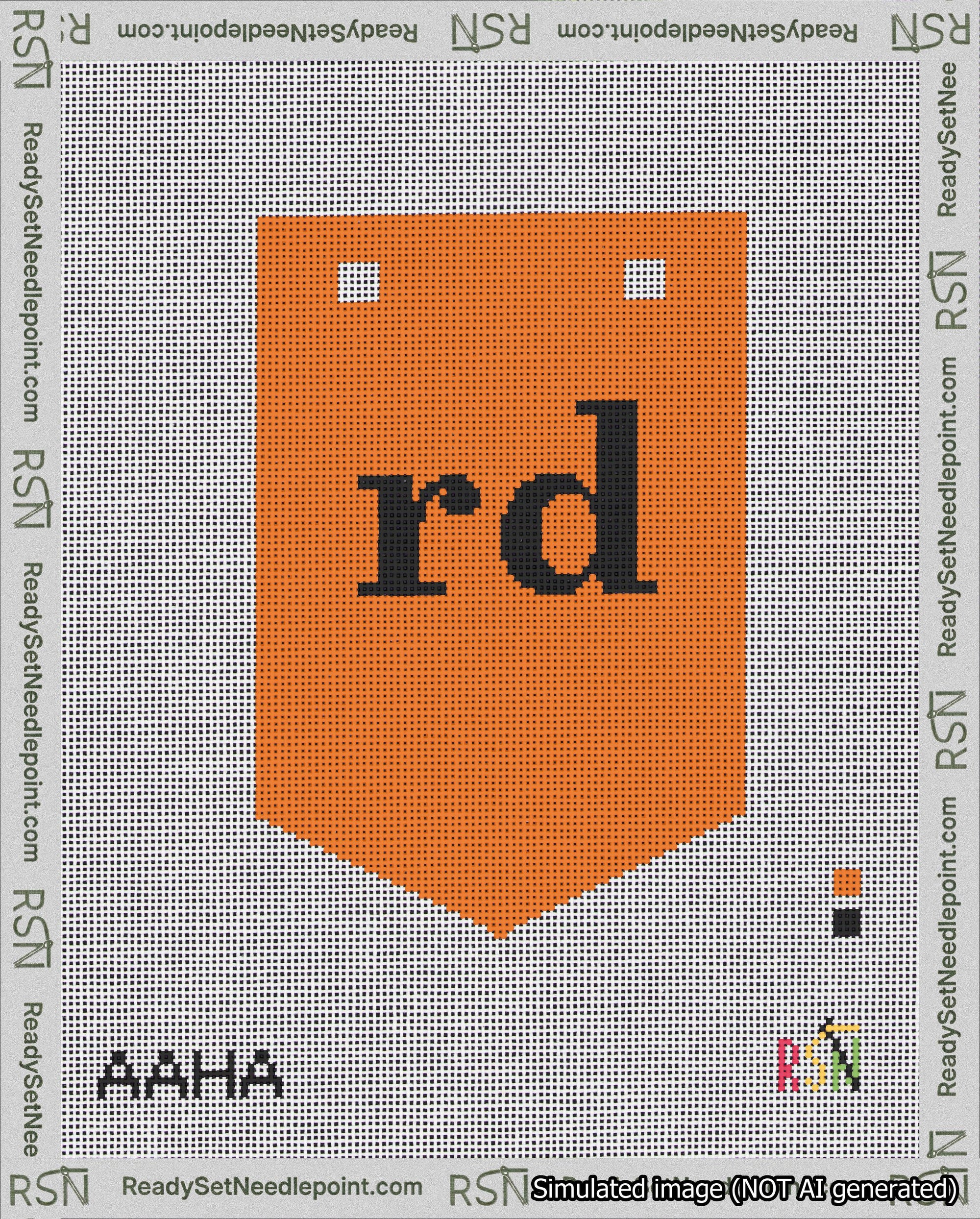 A taped needlepoint canvas with the design: Banner 18 mesh count Pointed rd Black on Orange.