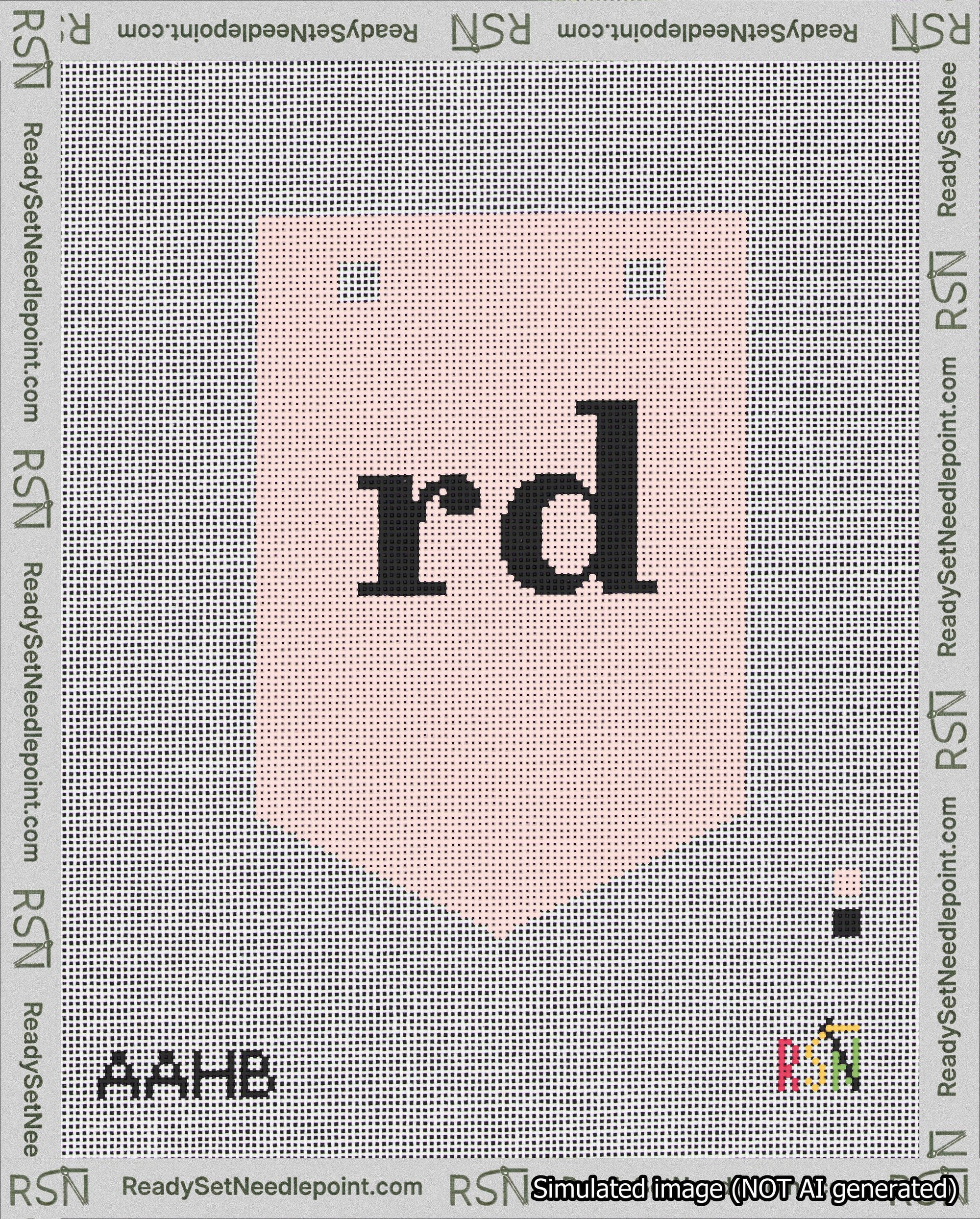 A taped needlepoint canvas with the design: Banner 18 mesh count Pointed rd Black on Pink.