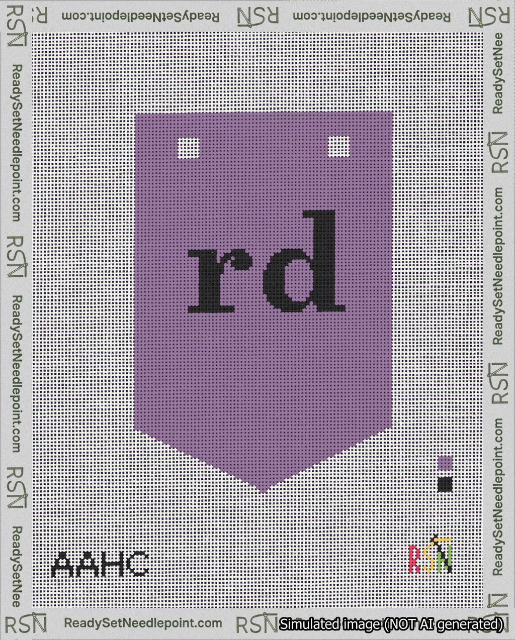 A taped needlepoint canvas with the design: Banner 18 mesh count Pointed rd Black on Purple.