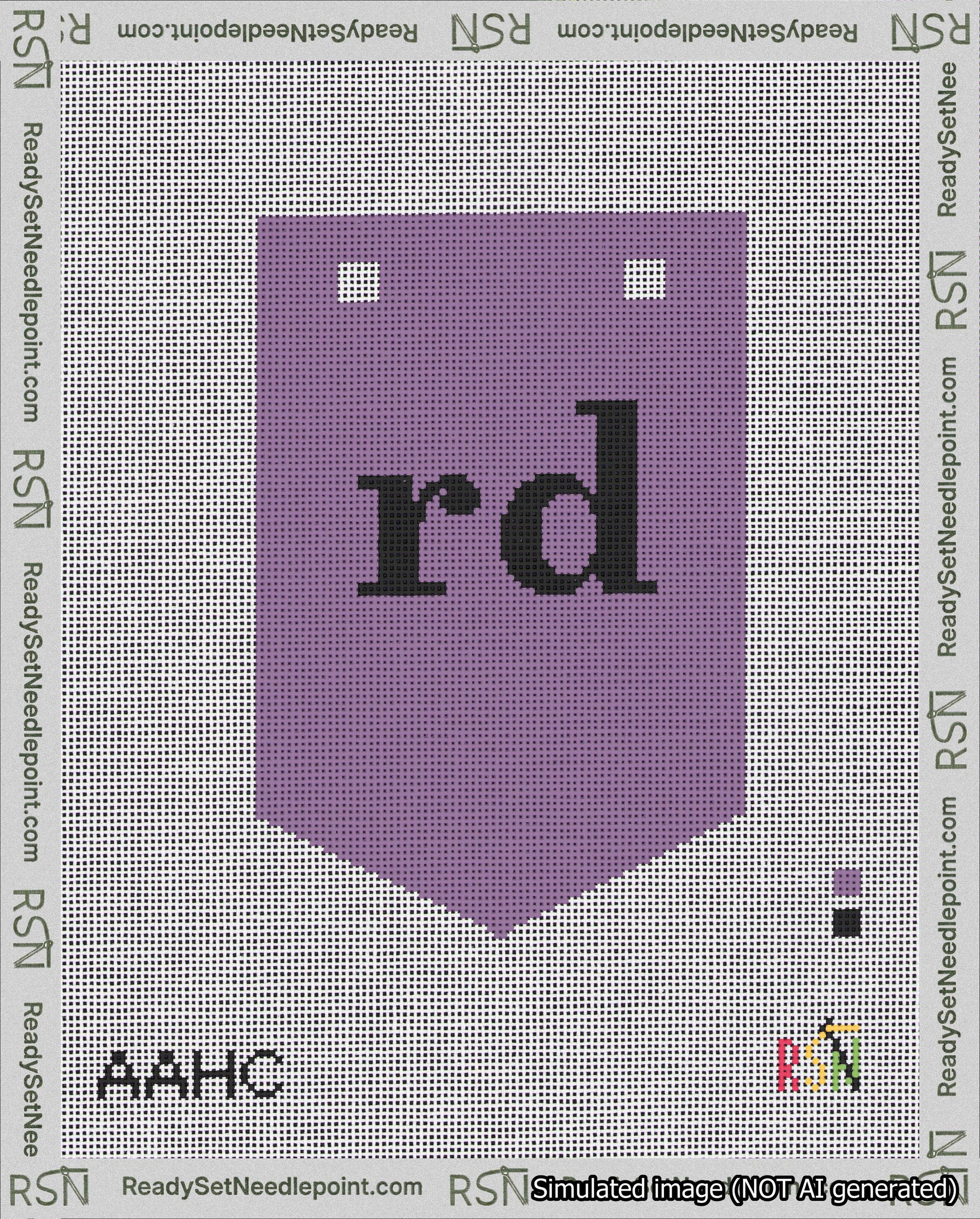 A taped needlepoint canvas with the design: Banner 18 mesh count Pointed rd Black on Purple.