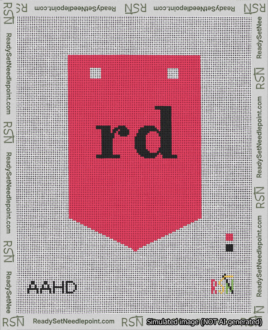 A taped needlepoint canvas with the design: Banner 18 mesh count Pointed rd Black on Red.