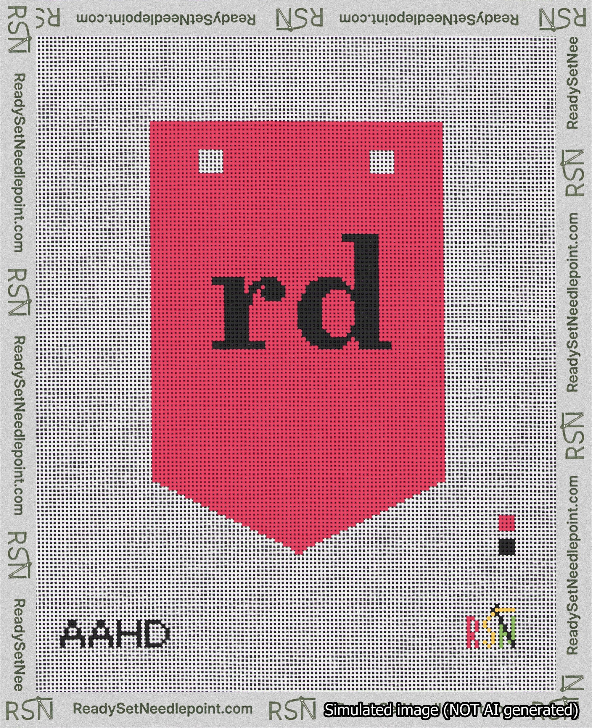 A taped needlepoint canvas with the design: Banner 18 mesh count Pointed rd Black on Red.
