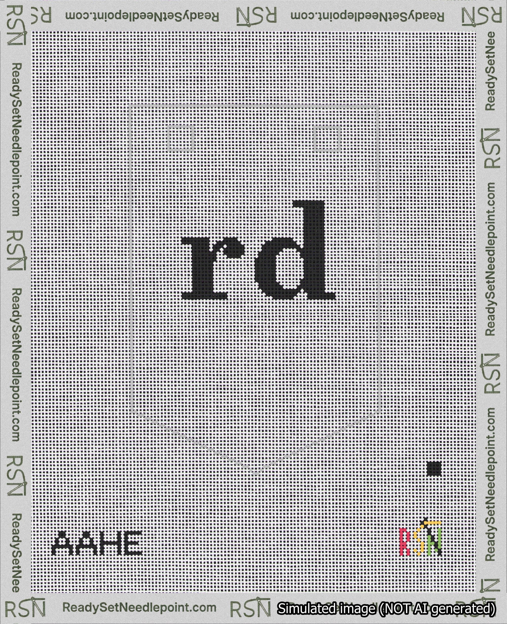 A taped needlepoint canvas with the design: Banner 18 mesh count Pointed rd Black on White.