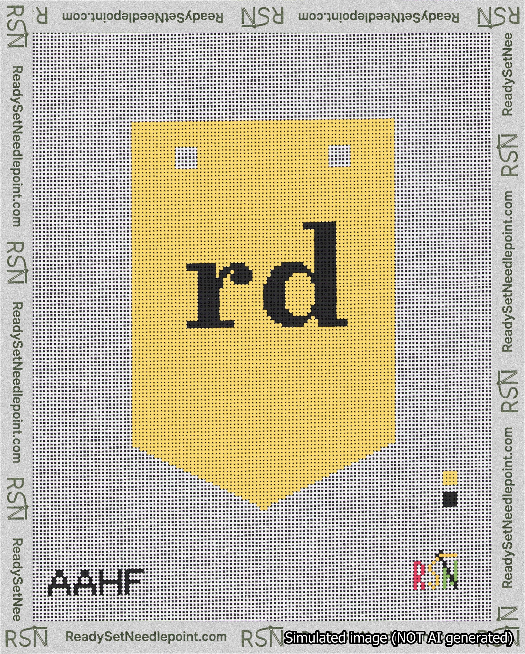 A taped needlepoint canvas with the design: Banner 18 mesh count Pointed rd Black on Yellow.