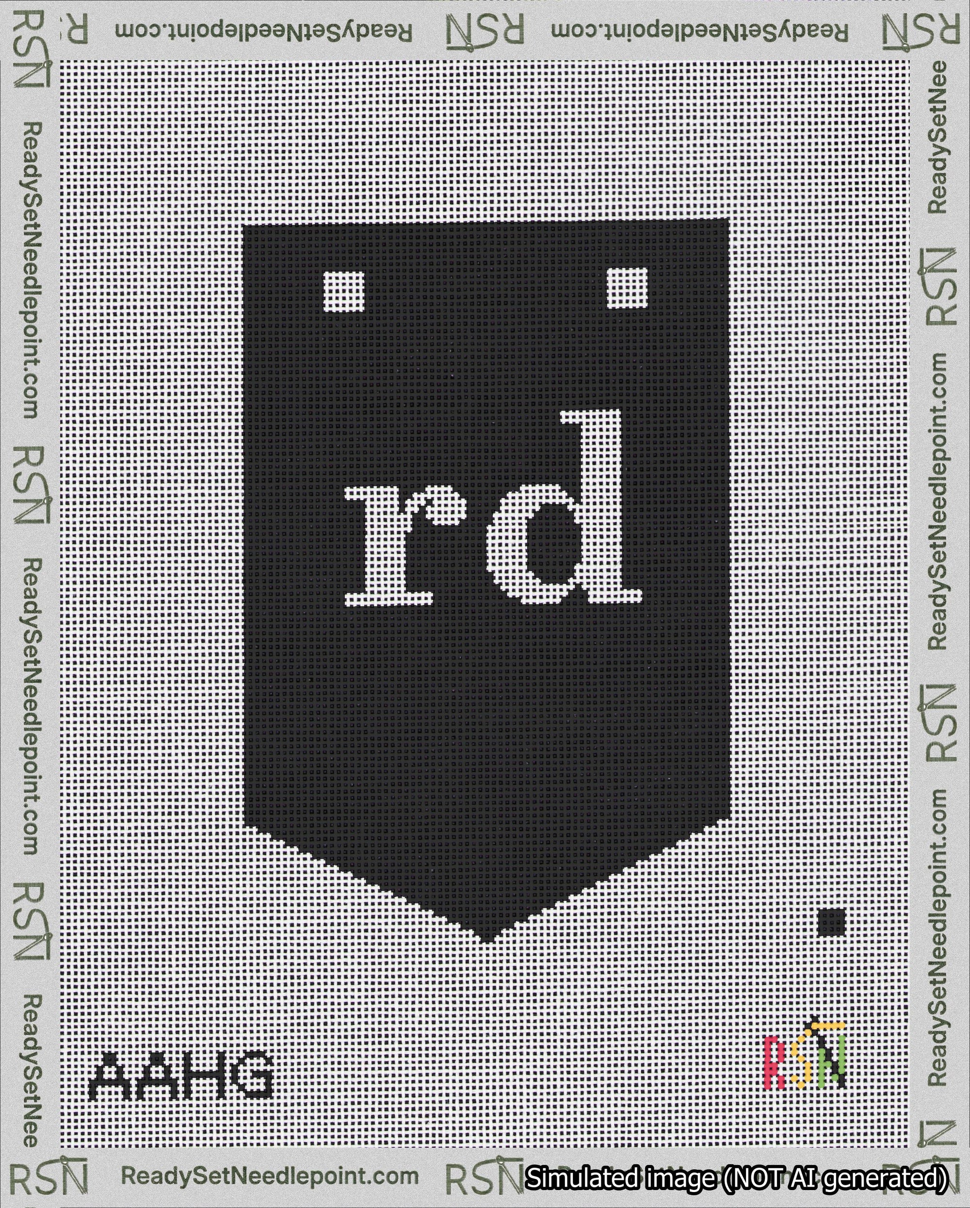 A taped needlepoint canvas with the design: Banner 18 mesh count Pointed rd White on Black.