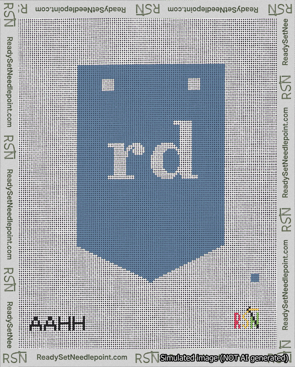 A taped needlepoint canvas with the design: Banner 18 mesh count Pointed rd White on Blue.