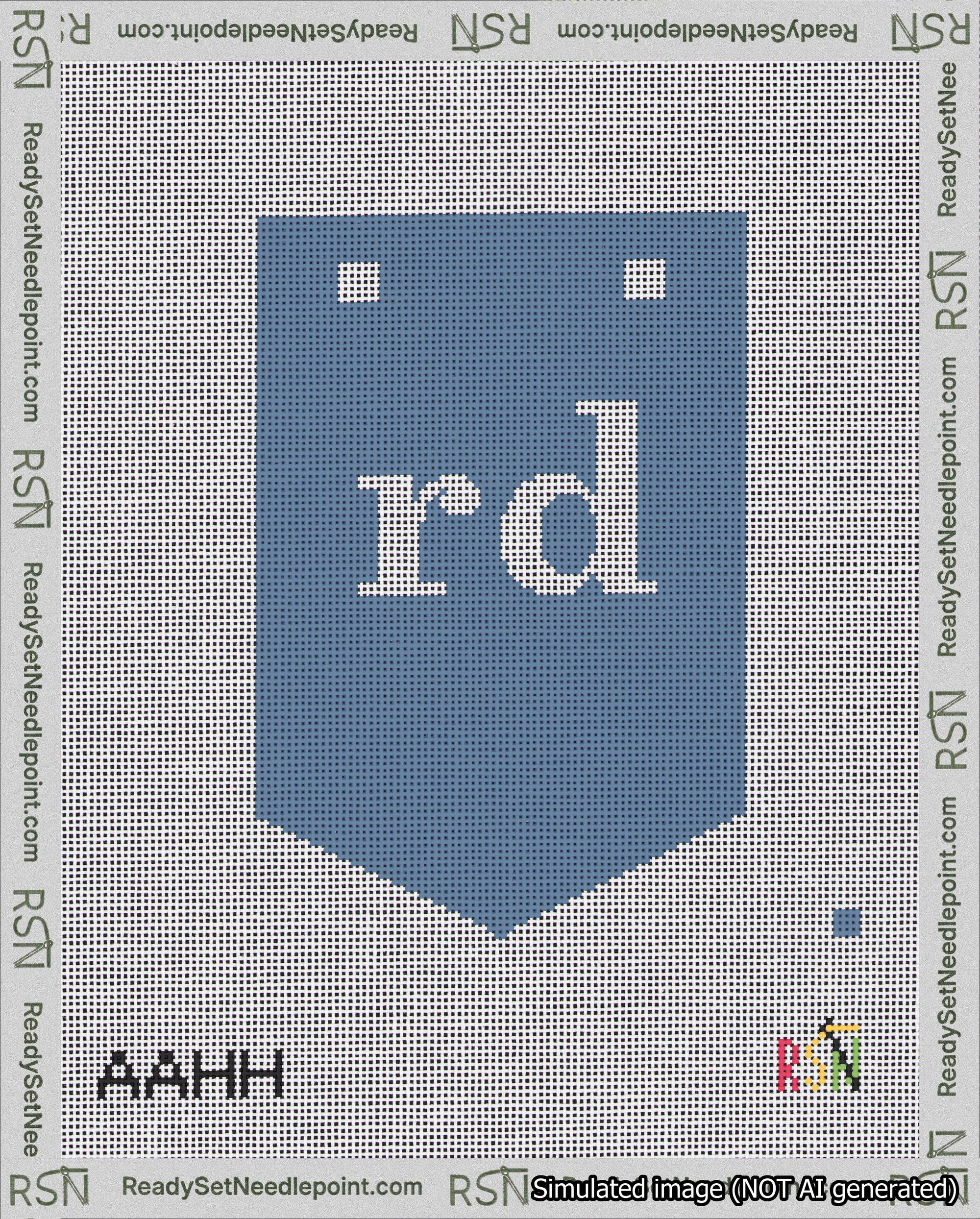 A taped needlepoint canvas with the design: Banner 18 mesh count Pointed rd White on Blue.